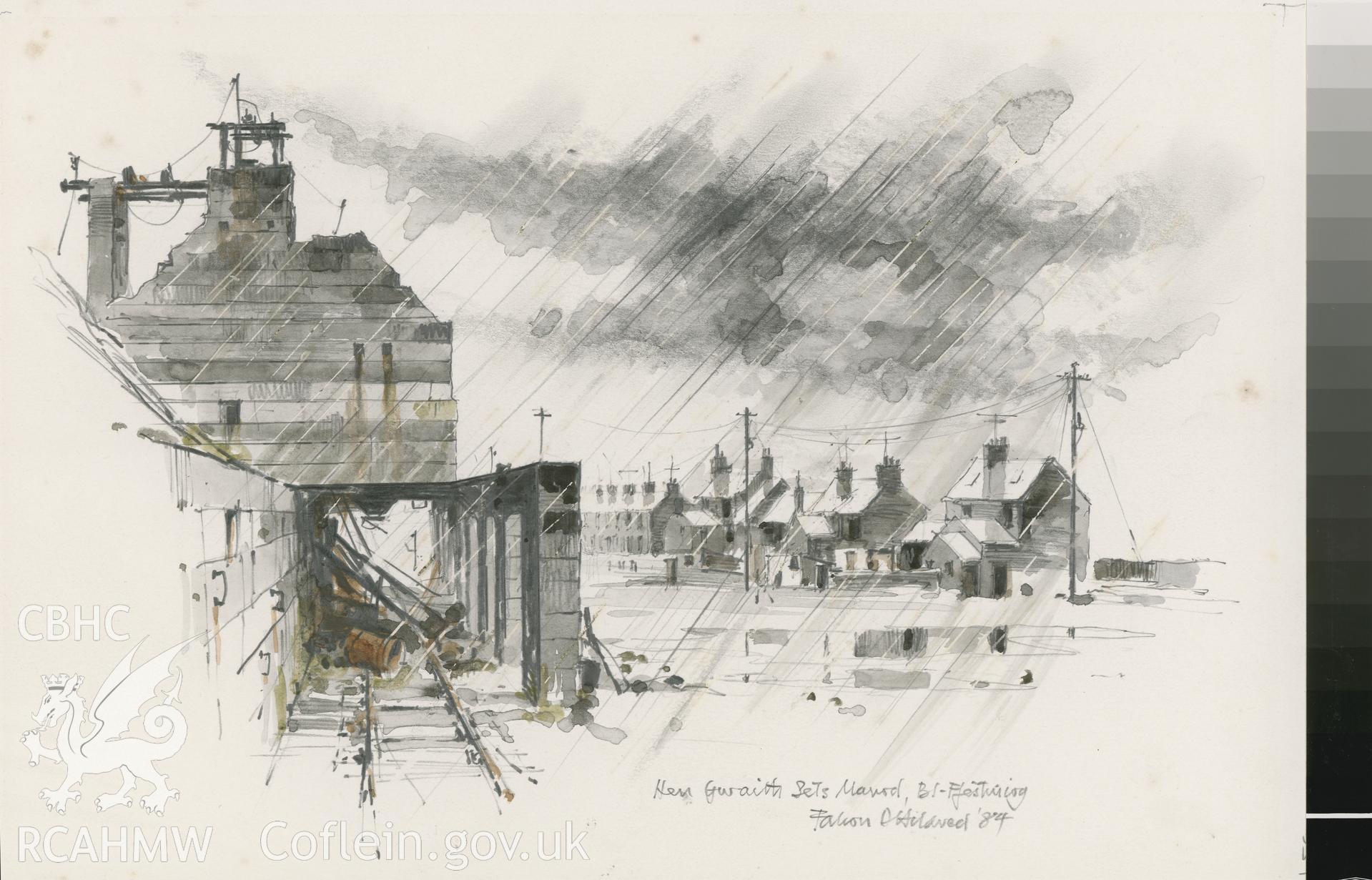 Manod Granite Quarry: (pencil and watercolour) drawing.