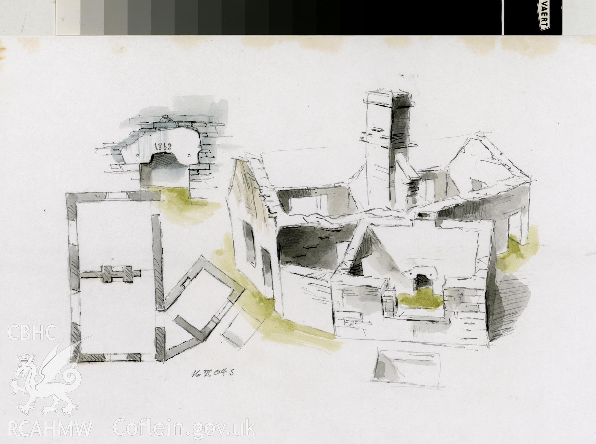 Steam Mill - Diffwys Quarry: (pencil, ink and watercolour) detail drawing of buildings at bottom of incline.