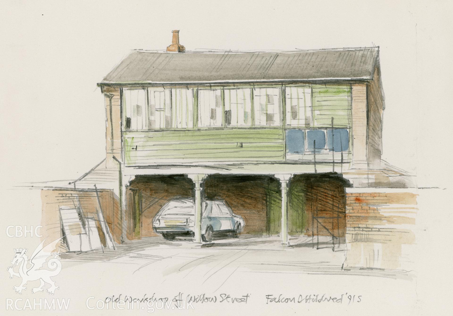 Overton-on-Dee: (pencil and watercolour) drawing, Old Workshop, Willow Street.