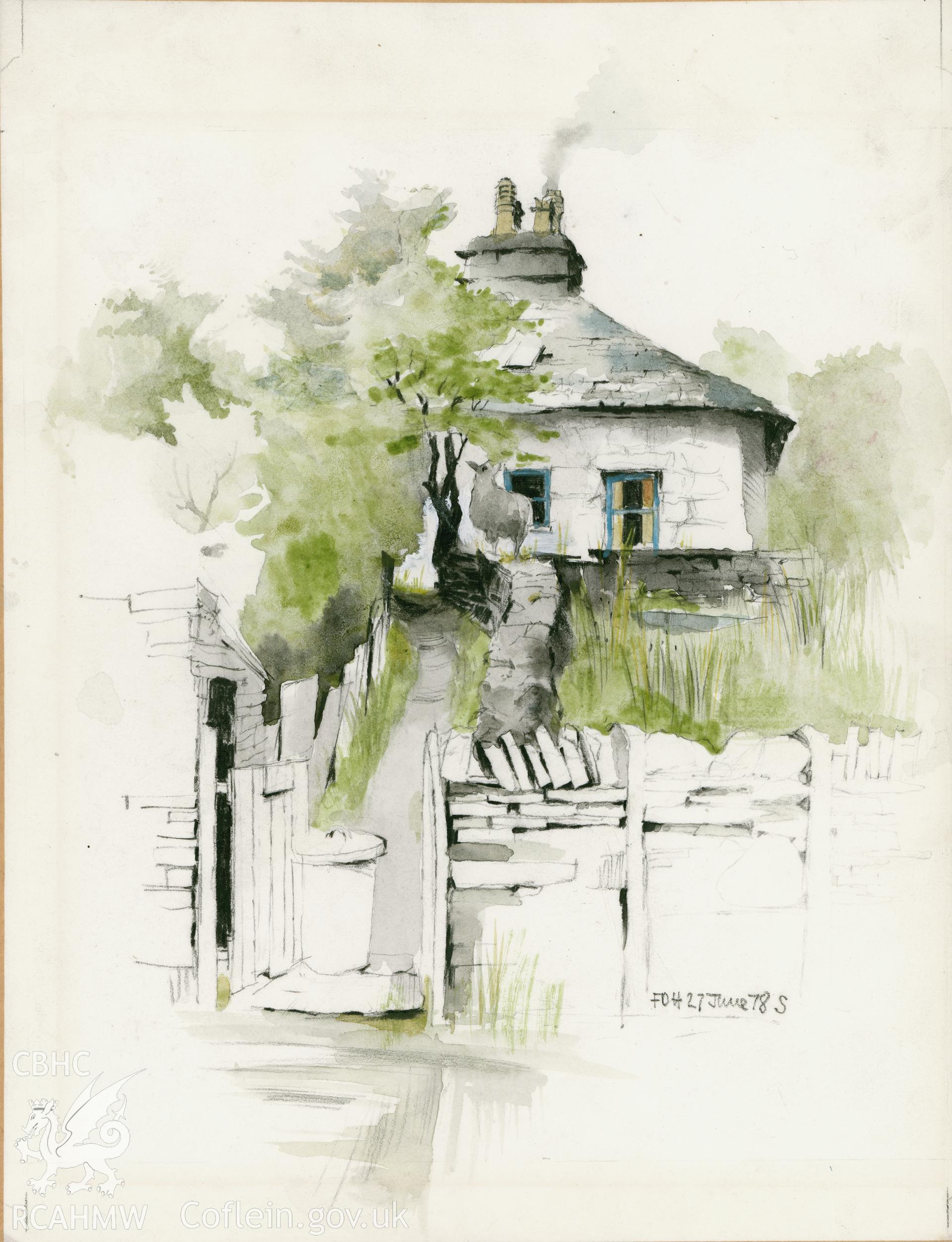 Ty Unicorn - View from gate: (pencil and watercolour) drawing.