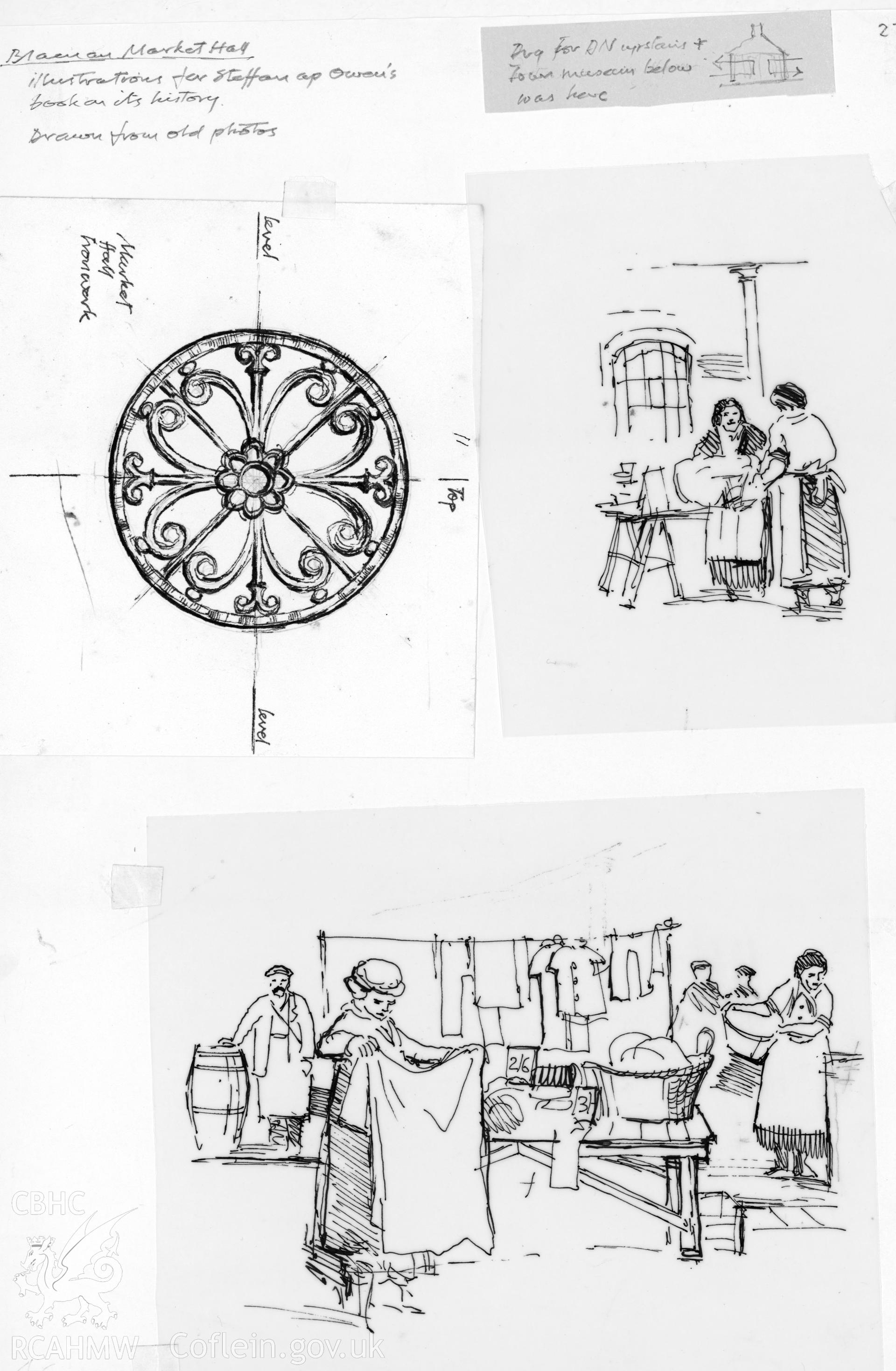 Market Hall and Square, Blaenau: 'illustrations for Steffan ap Owen's book on its history'.