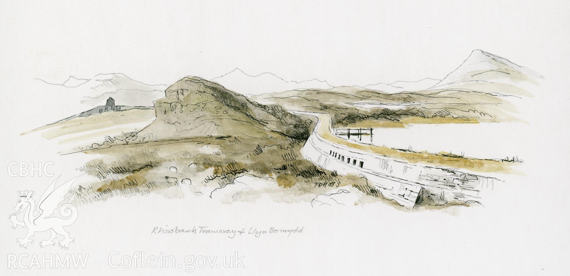 Rhiwbach Tramway - Crossing Llyn Bowydd Dam: (pencil, ink and watercolour) drawing. Noted as part of the Hatherill Series: number 5 of 8.