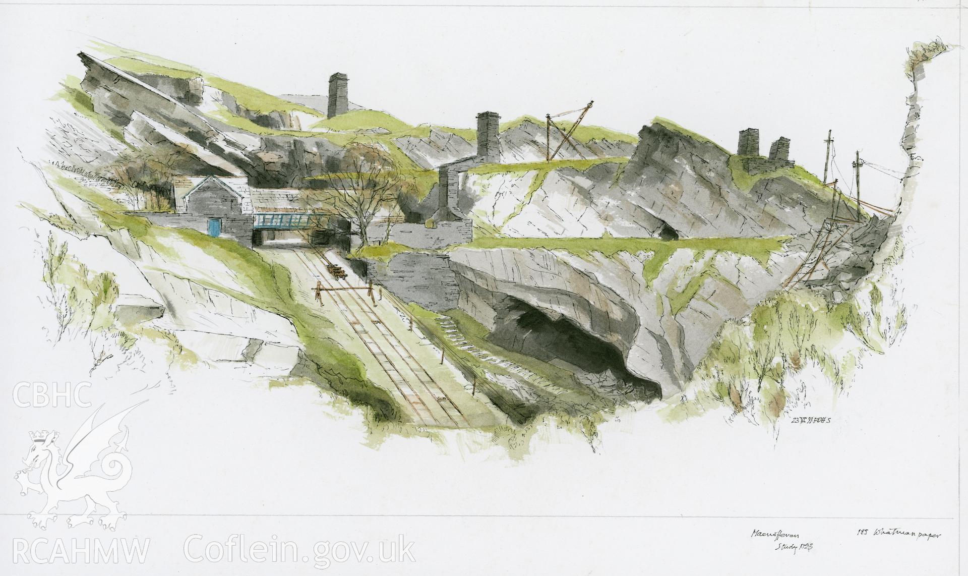 Maenofferen Quarry - large view to winding house: (pencil, ink and watercolour) drawing.