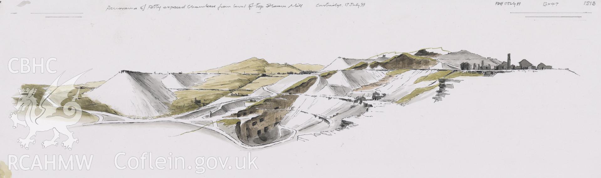 Exposed Chambers in Context of Landscape - Foty & Bowydd Quarry: finished (ink and watercolour) drawing.