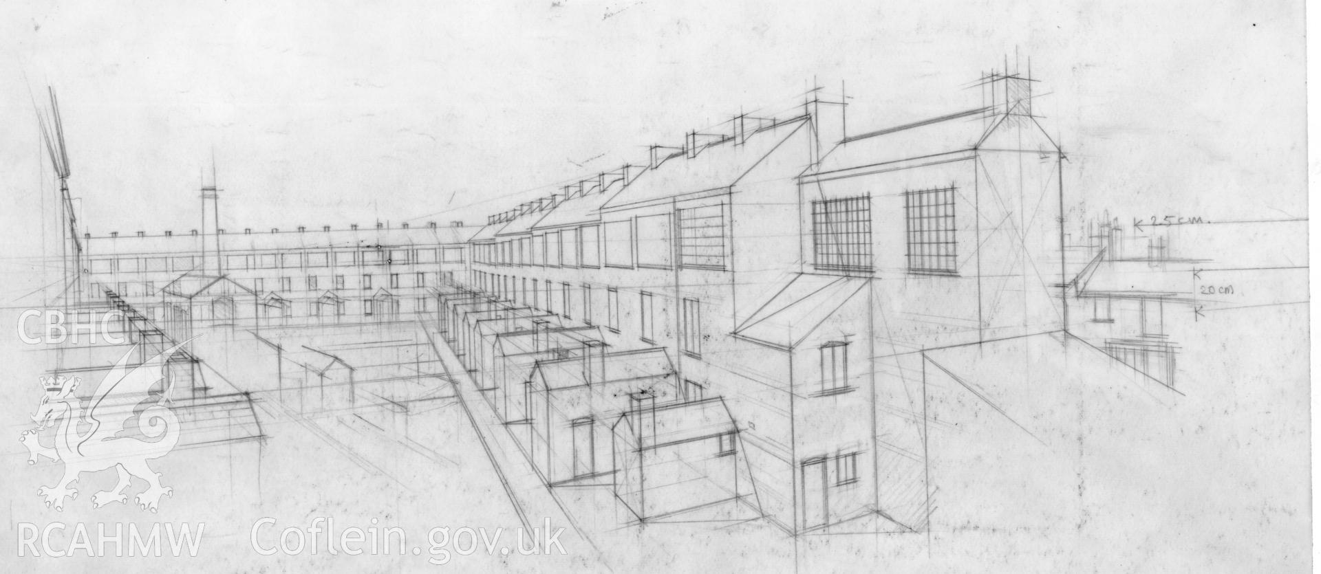 Eli Green's Cottage Factory, Coventry: (pencil) setting-out tracing of 'Weaver's View'.