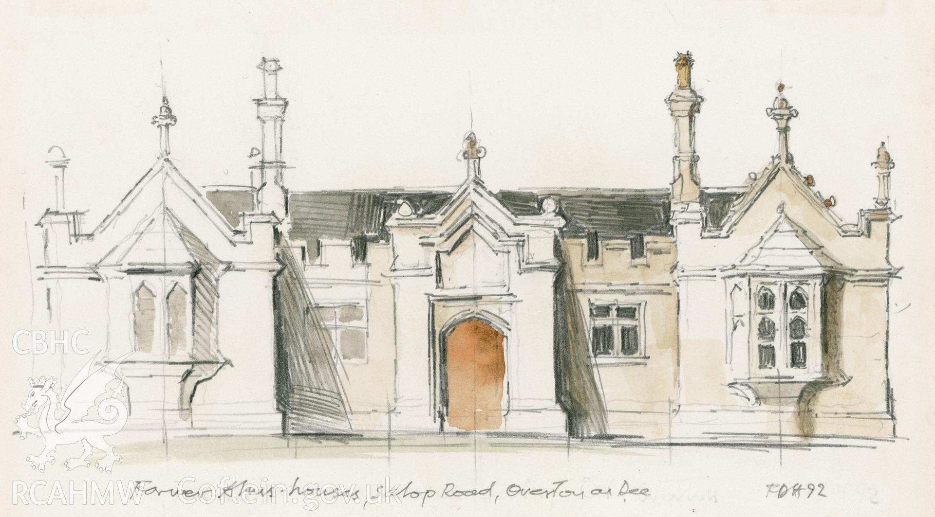 Overton-on-Dee: (pencil and watercolour) drawing, Former Almshouses.