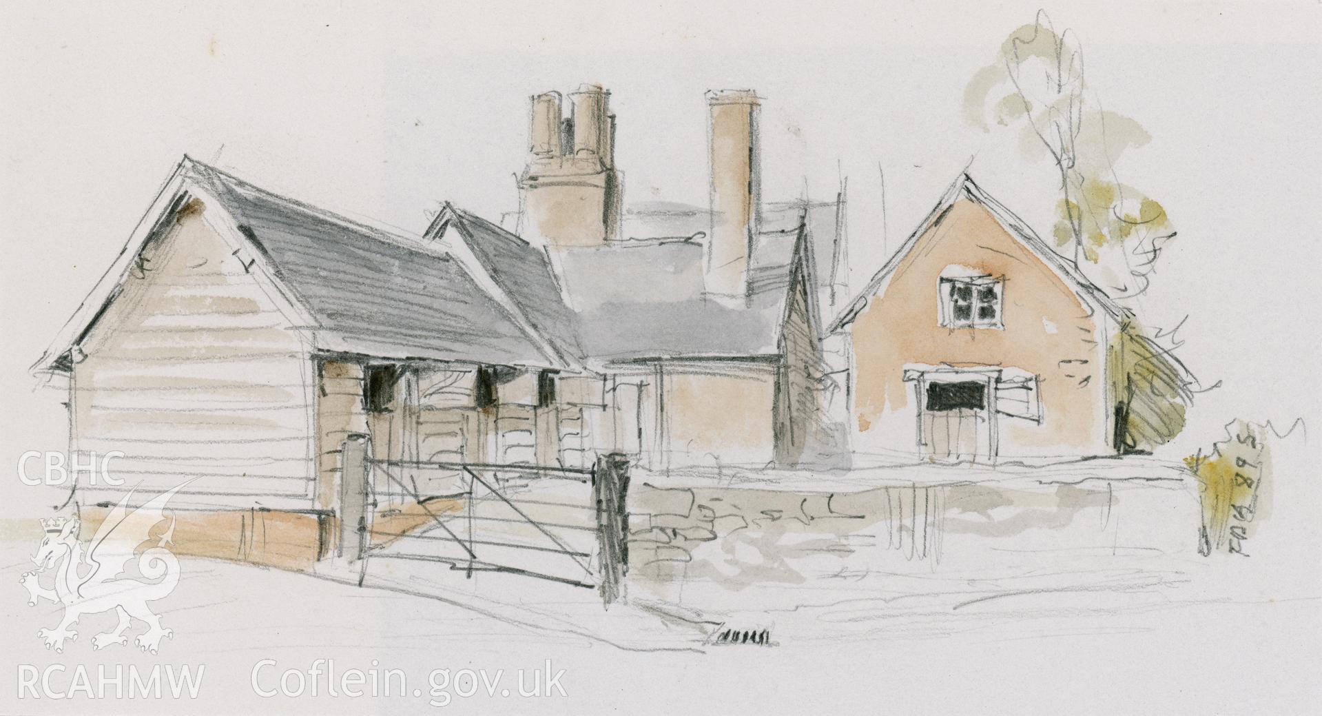 Stables at Berriew, Powys: (pencil and watercolour) drawing.