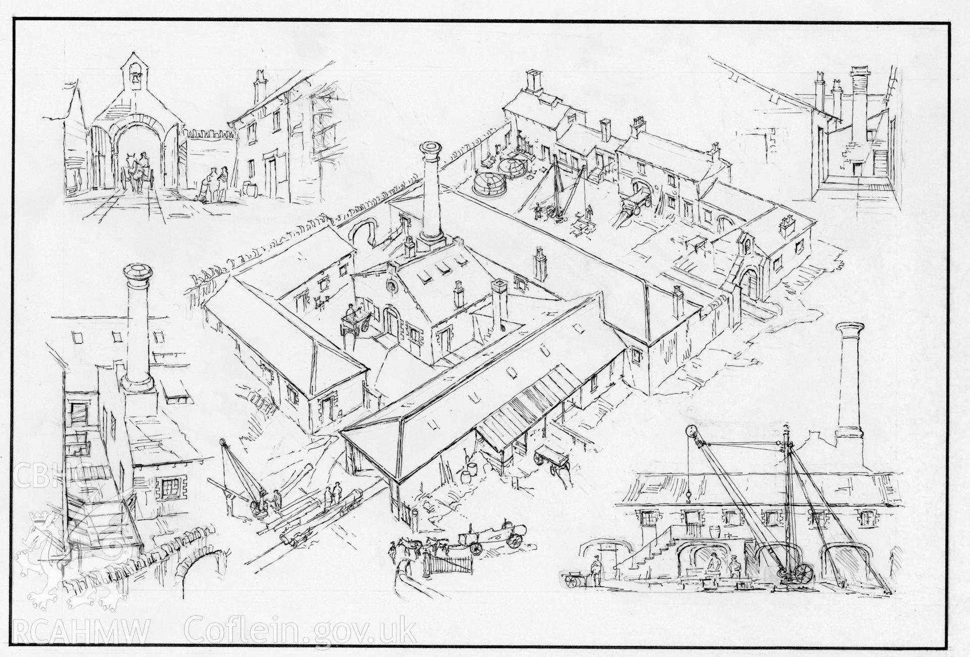 Parc Glynllifon Estate Workshops - Aerial View: original (ink) drawing.