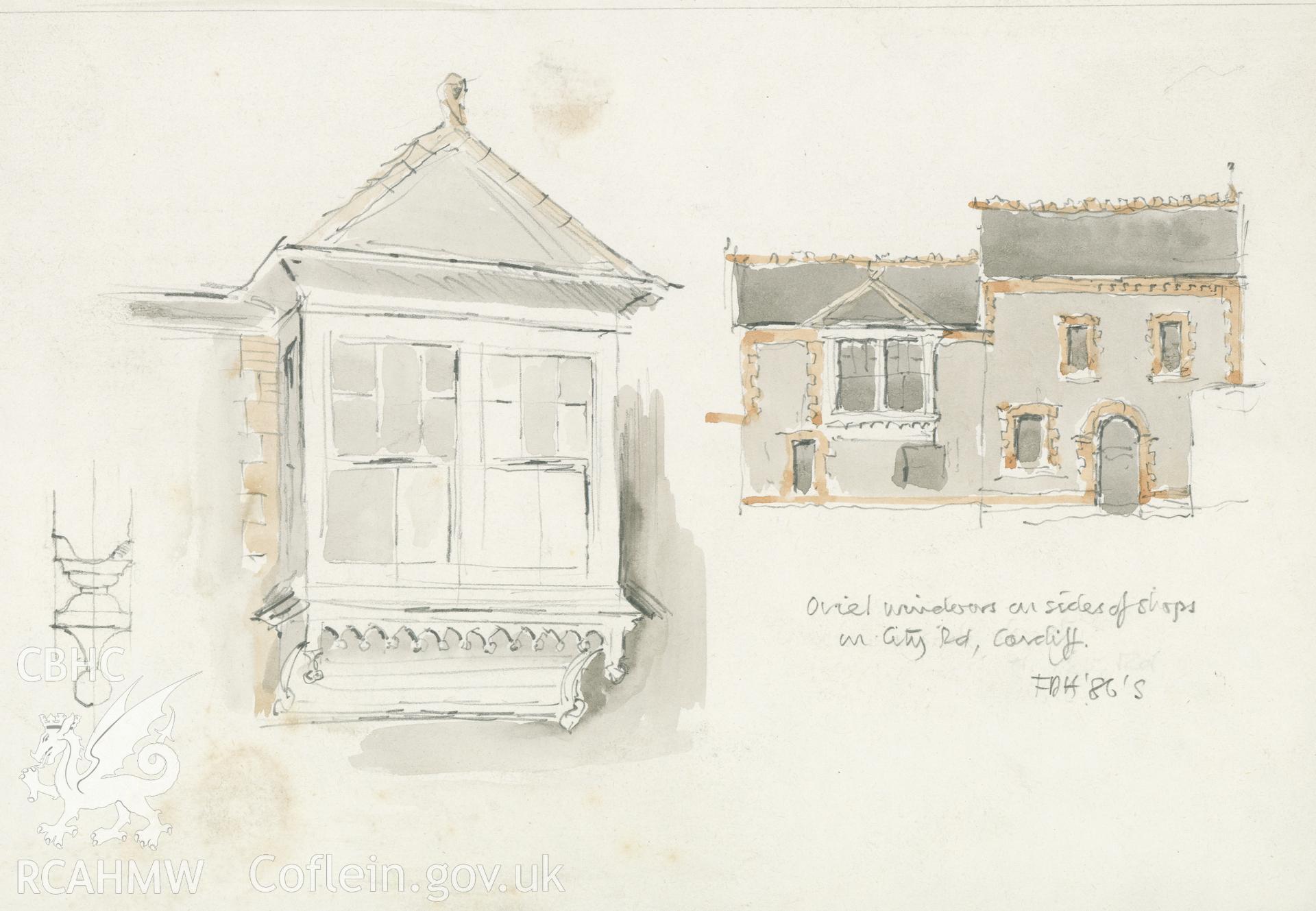 Oriel Windows, City Road, Cardiff: (pencil and watercolour) drawing.