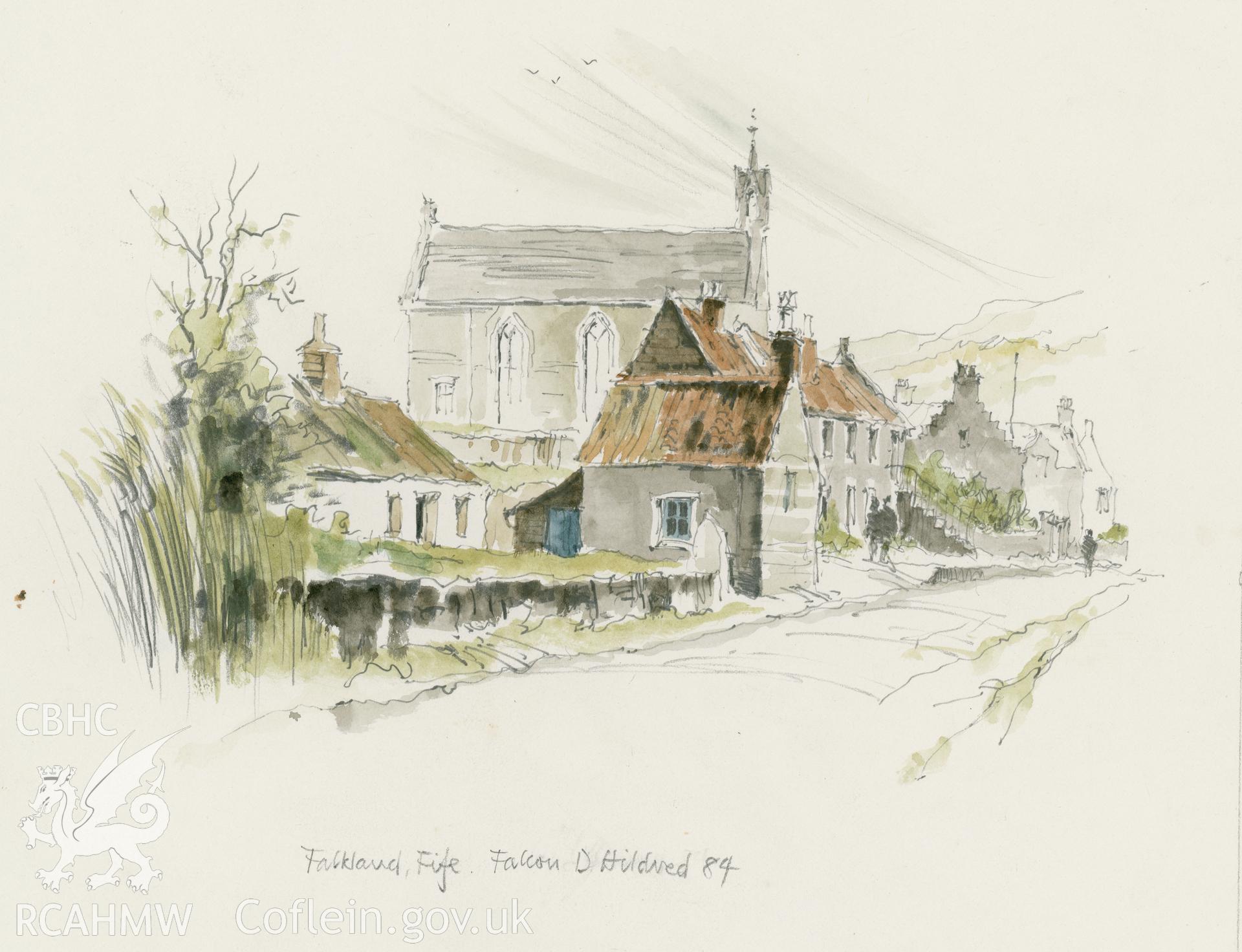 Falkland with Kirk, Scotland: (pencil and watercolour) site sketch.