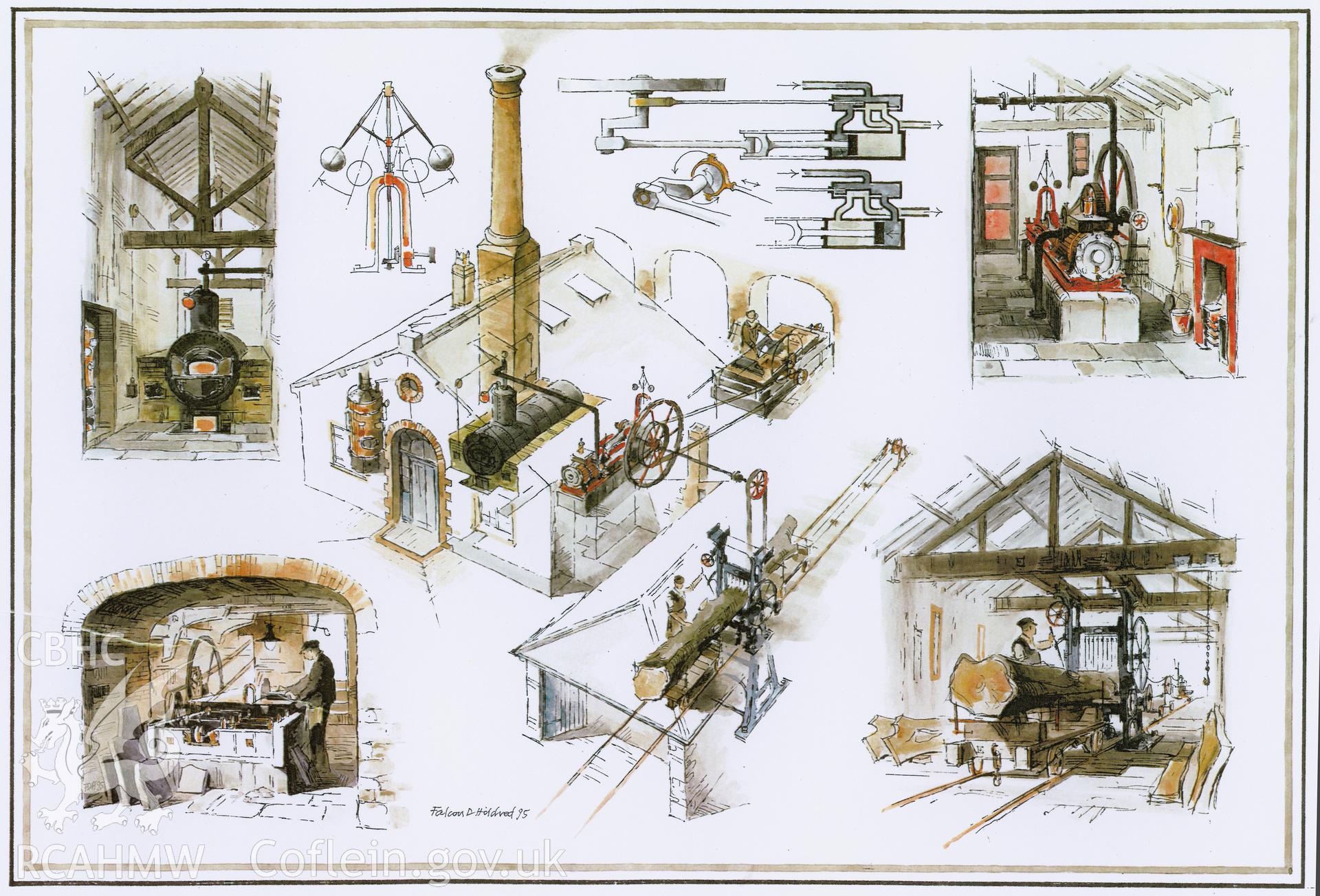 Parc Glynllifon Estate Workshops - Steam Engine & Saws: line-copy finished drawing.