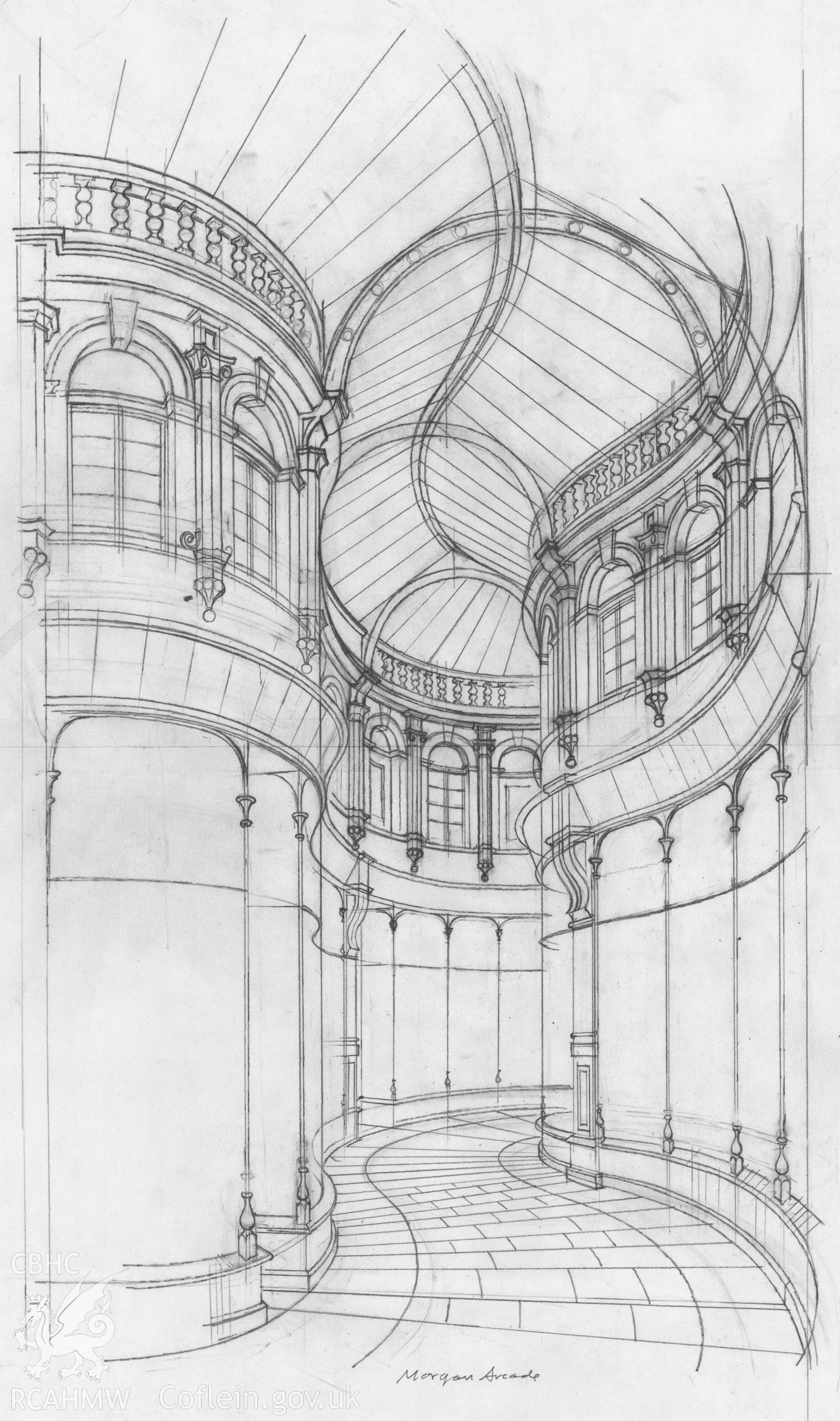 Originals on Tracing - Morgan's Arcade (curved): preliminary drawing for Cardiff Exhibition, 1987.