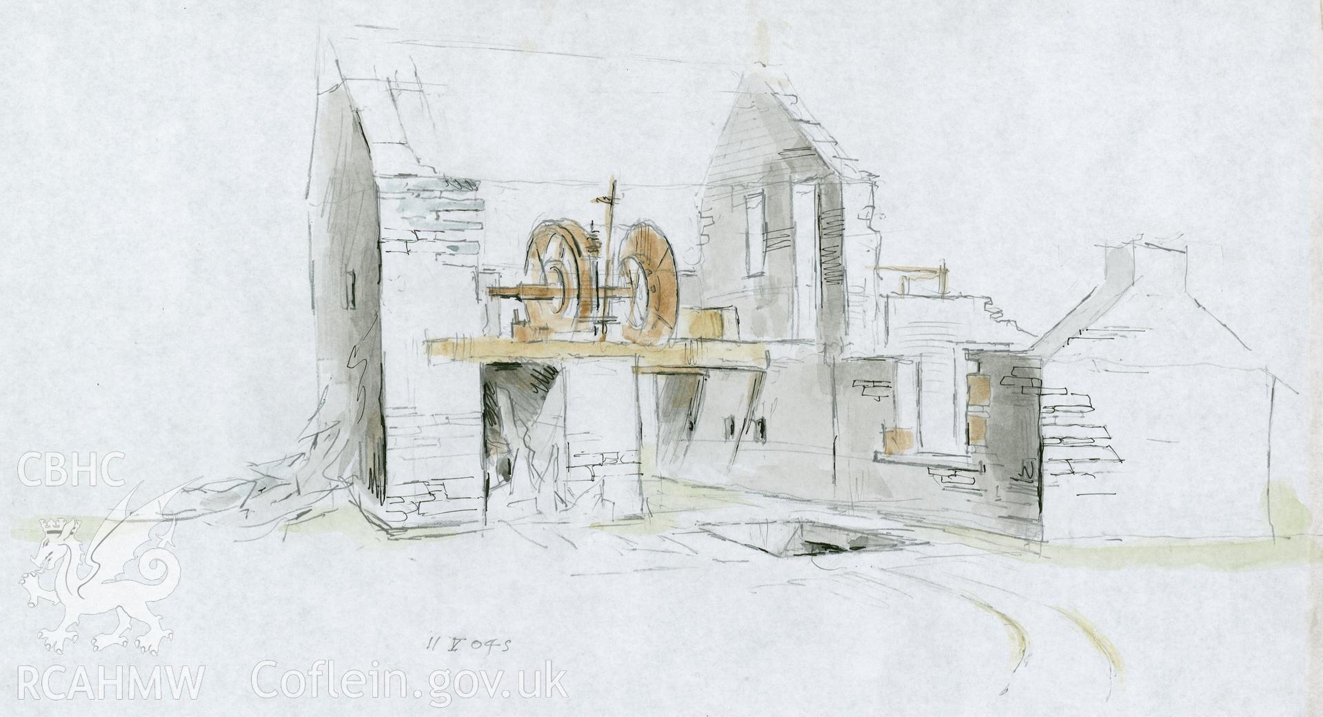 Steam Mill - Diffwys Quarry: (pencil, ink and watercolour) site study of Drum House with Weighbridge, from the edge of the incline.