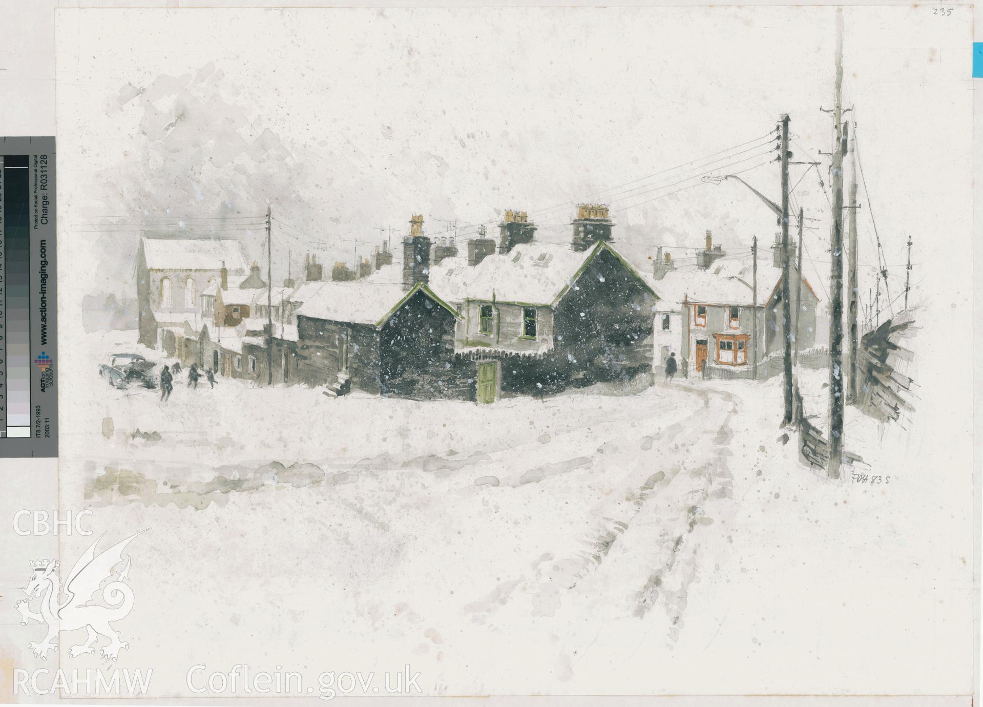 Digital copy of Lord Street in Snow: (pencil and watercolour) finished drawing.