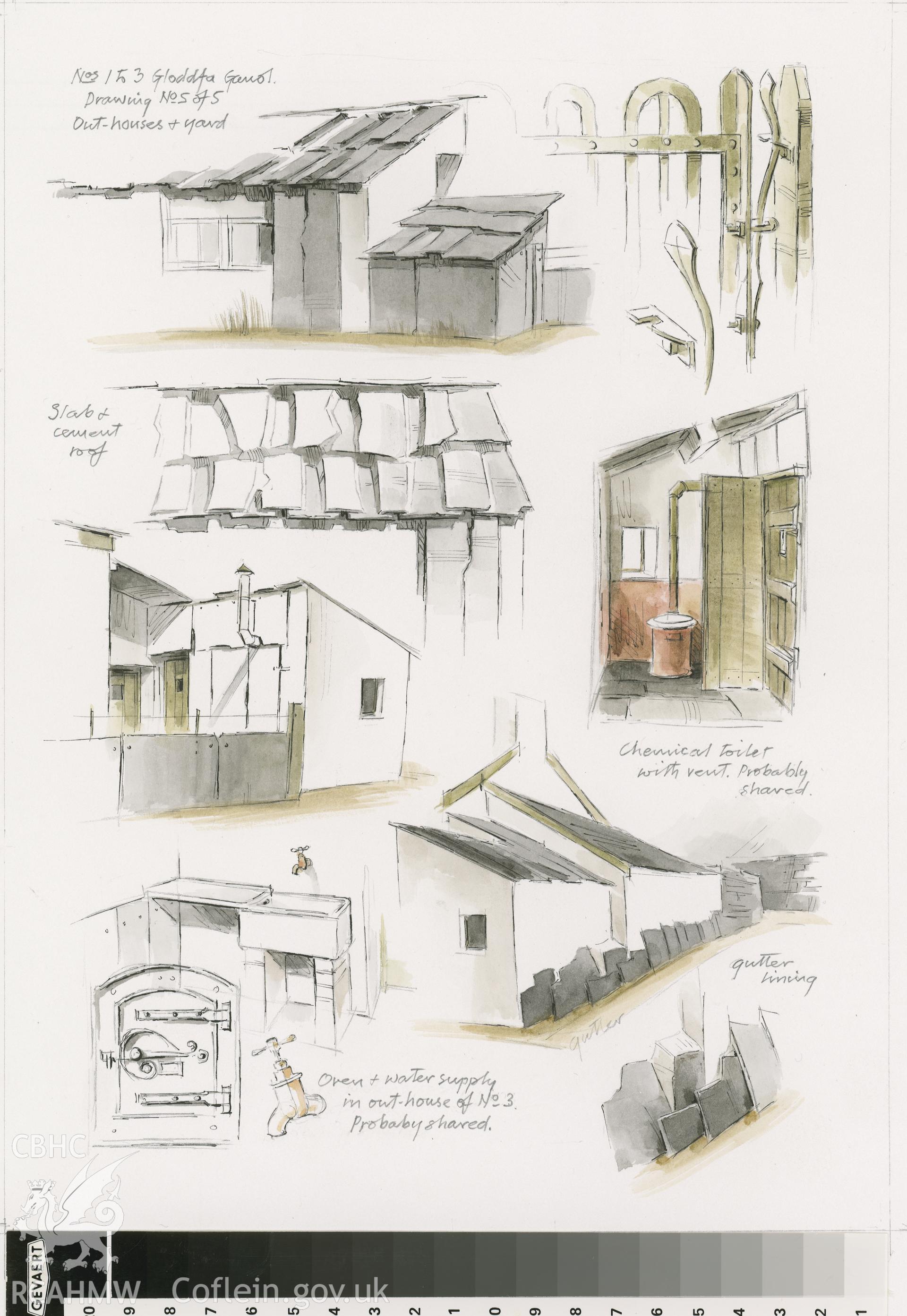 Gloddfa Ganol Cottages - Outhouses and Yard: (pencil, ink and watercolour) drawing.