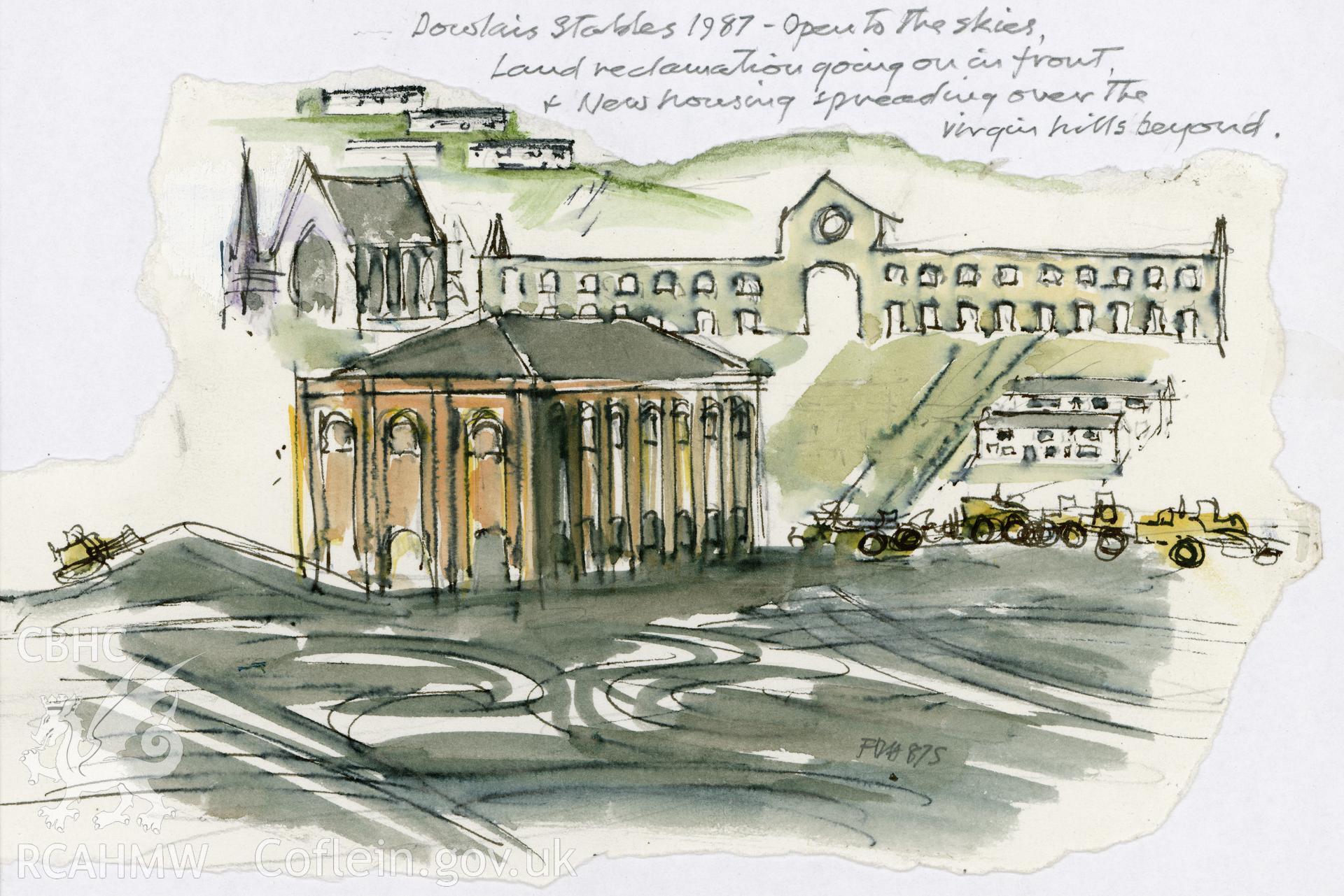 Dowlais Stables: (felt pen, watercolour, and pencil) drawing.