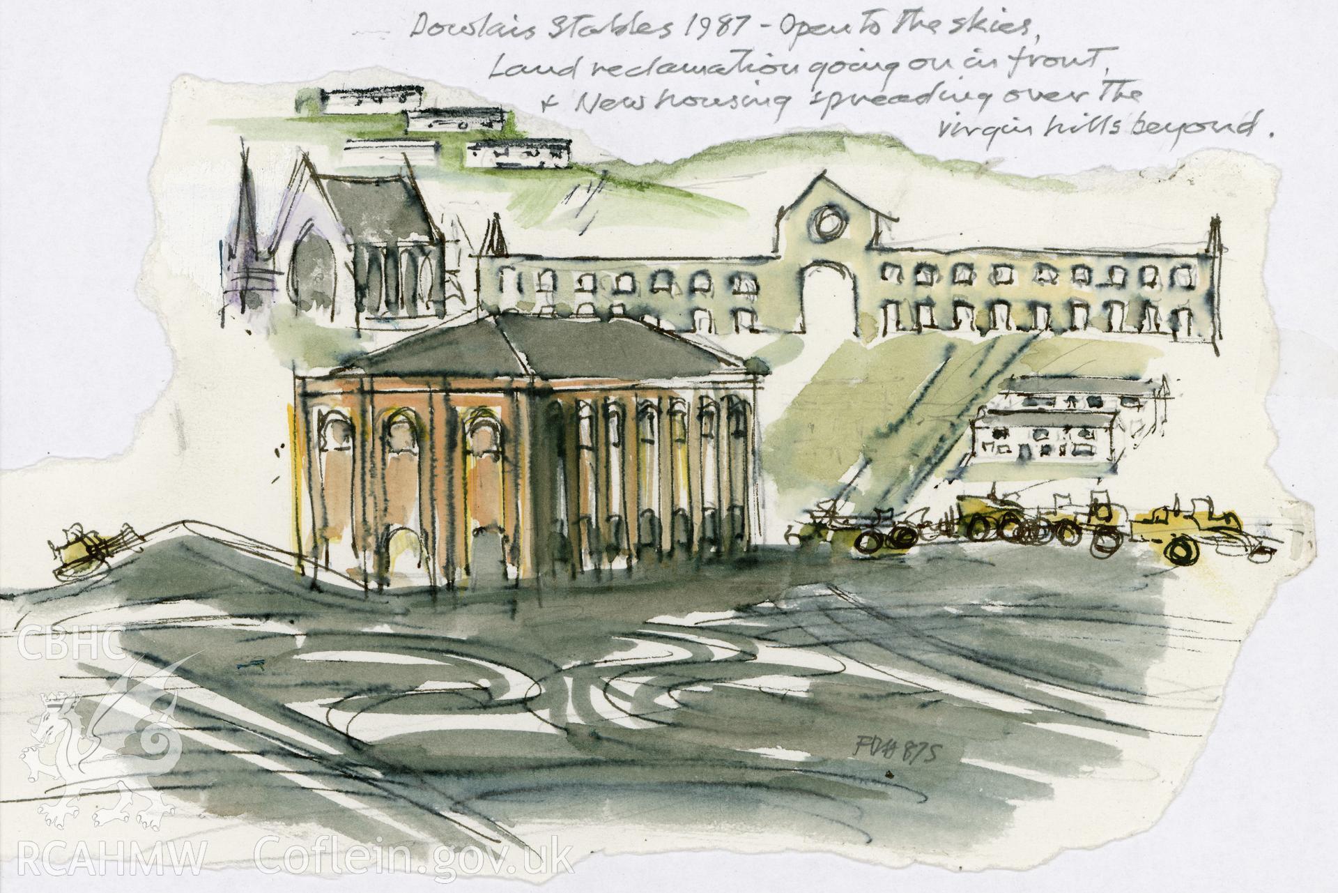 Dowlais Stables: (felt pen, watercolour, and pencil) drawing.