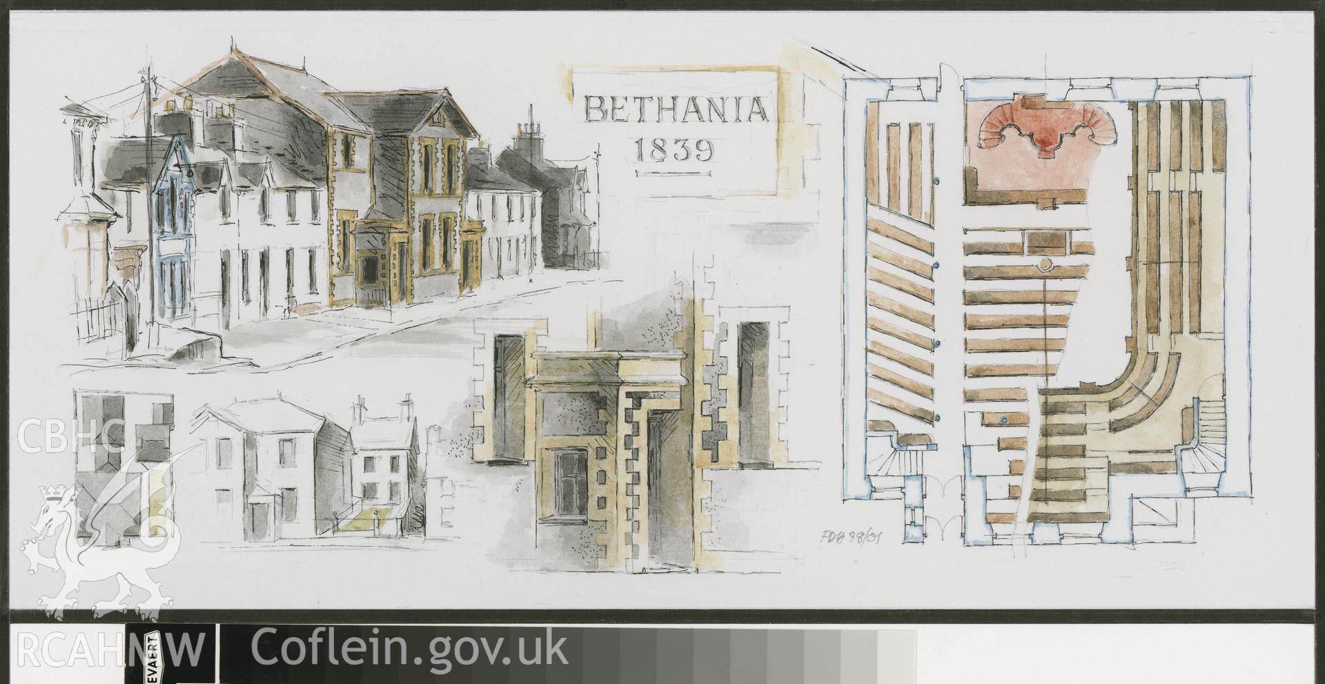Bethania Chapel: (pencil, ink and watercolour) detail drawing of plan and exterior.