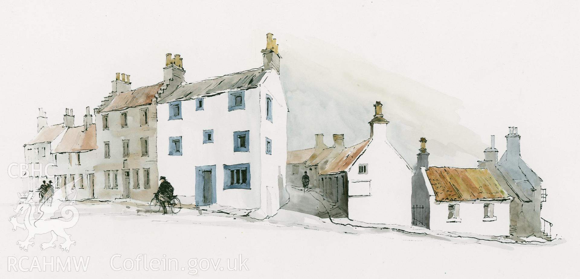 Fife, Scotland - Buildings with Man on Bike: (watercolour) line copy.