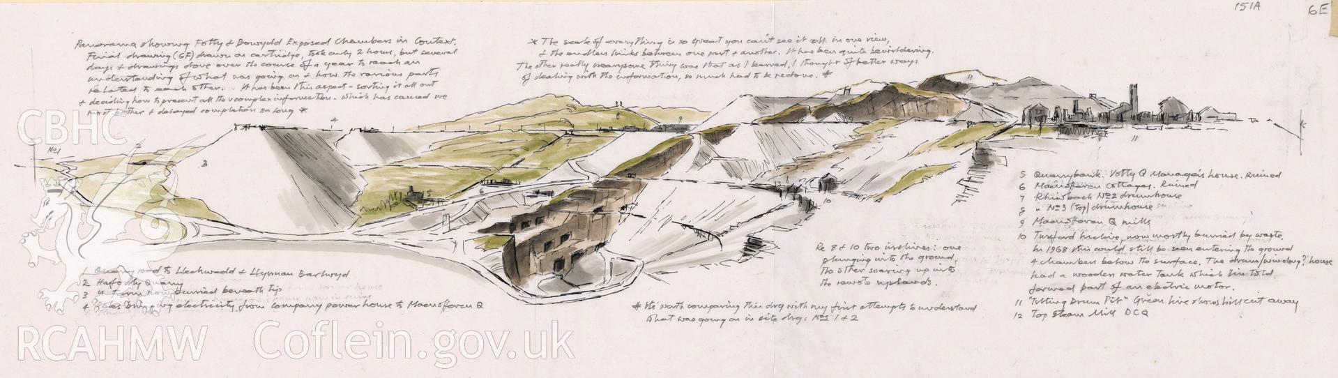 Exposed Chambers in Context of Landscape - Foty & Bowydd Quarry: (pencil, ink and watercolour) preliminary drawing.