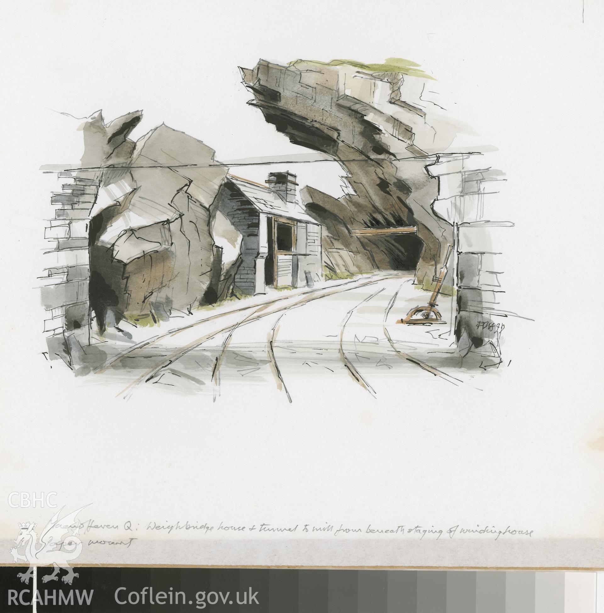 Maenofferen Quarry - Windin. House: (pencil, ink and watercolour) detail drawing, looking to exit tunnel from beneath winding house.