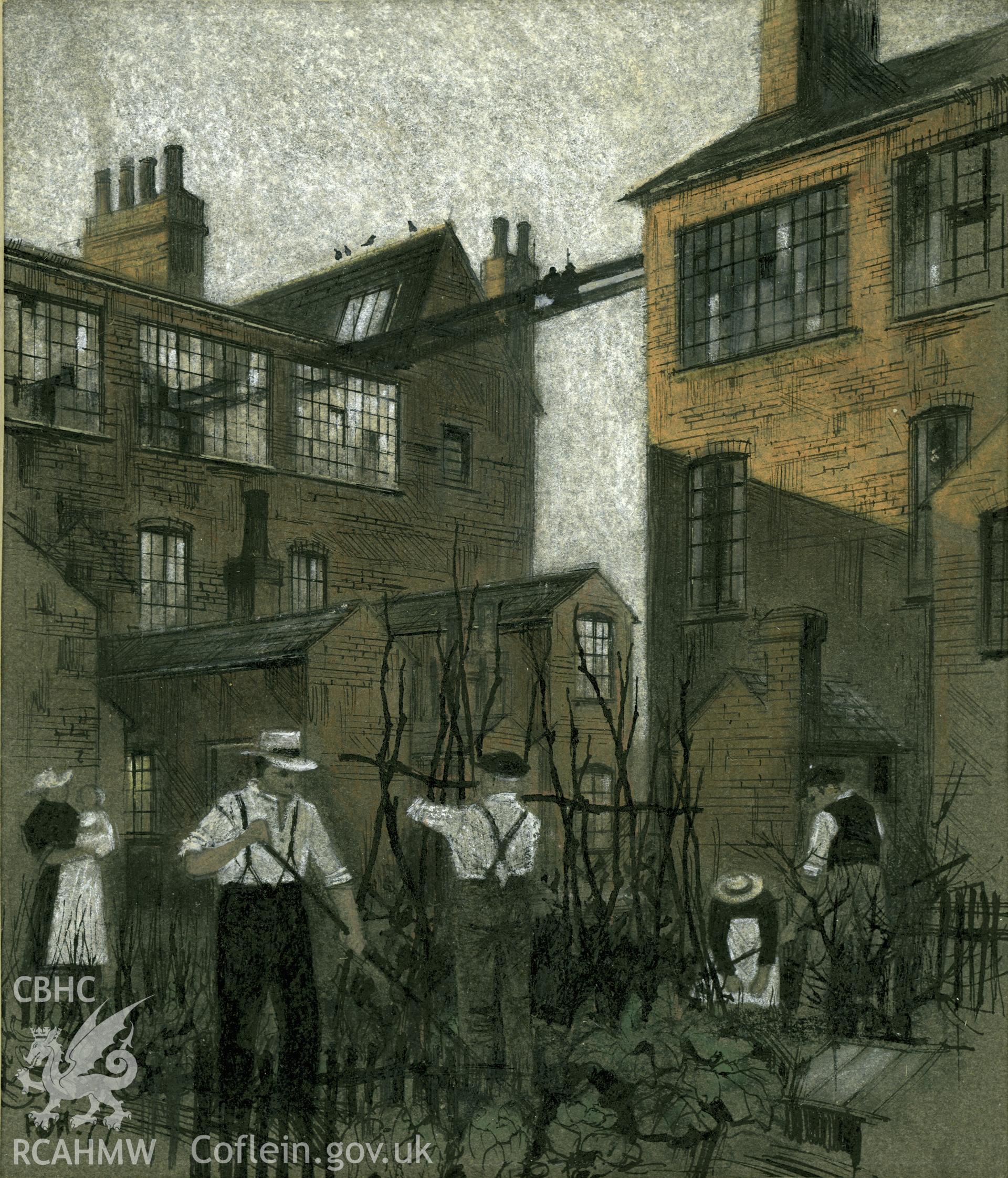 Eli Green's Cottage Factory, Coventry: (chalk and ink) drawing, showing 'gardening'.