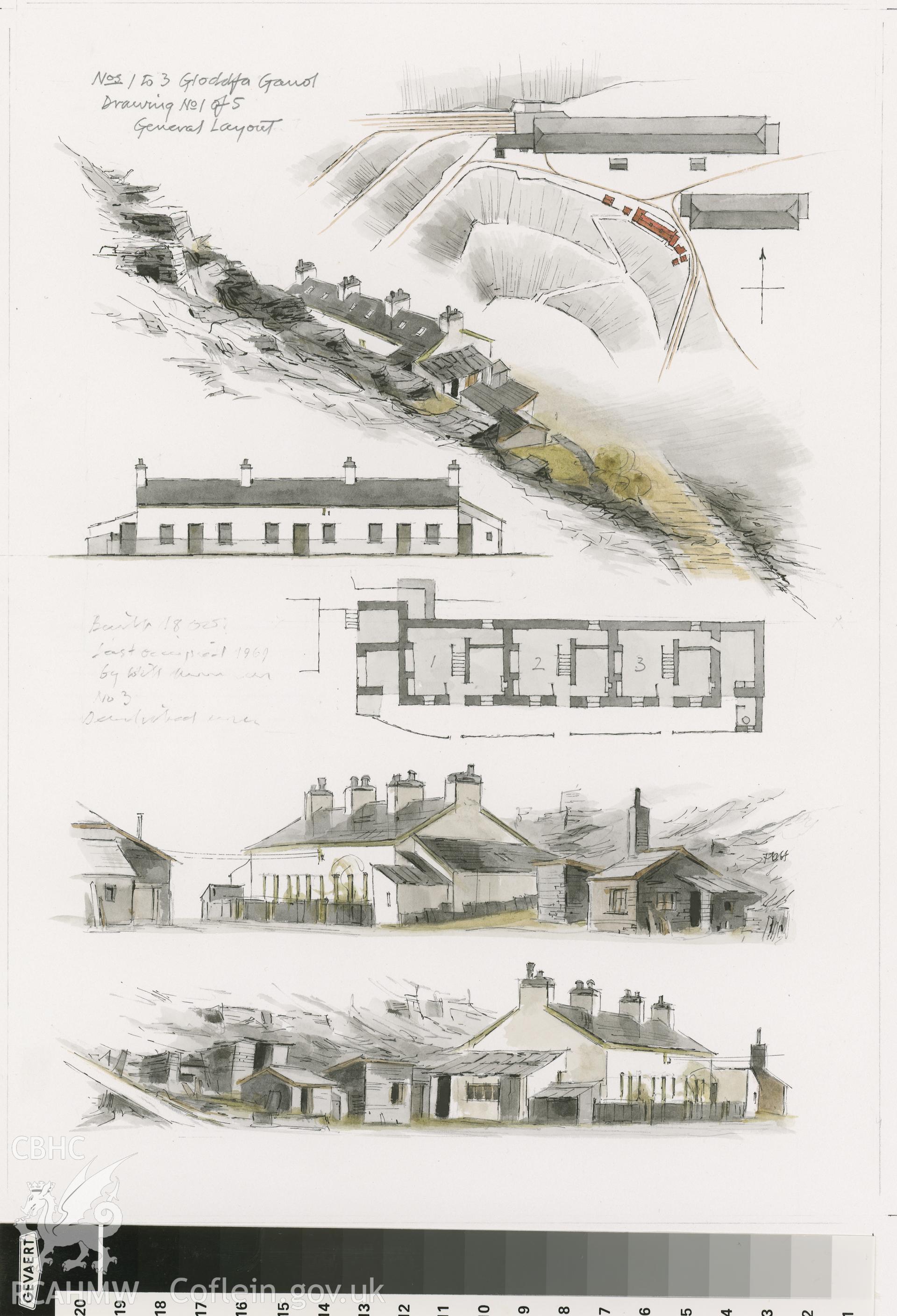 Gloddfa Ganol Cottages - Plan and General Views: (pencil, ink and watercolour) drawing.