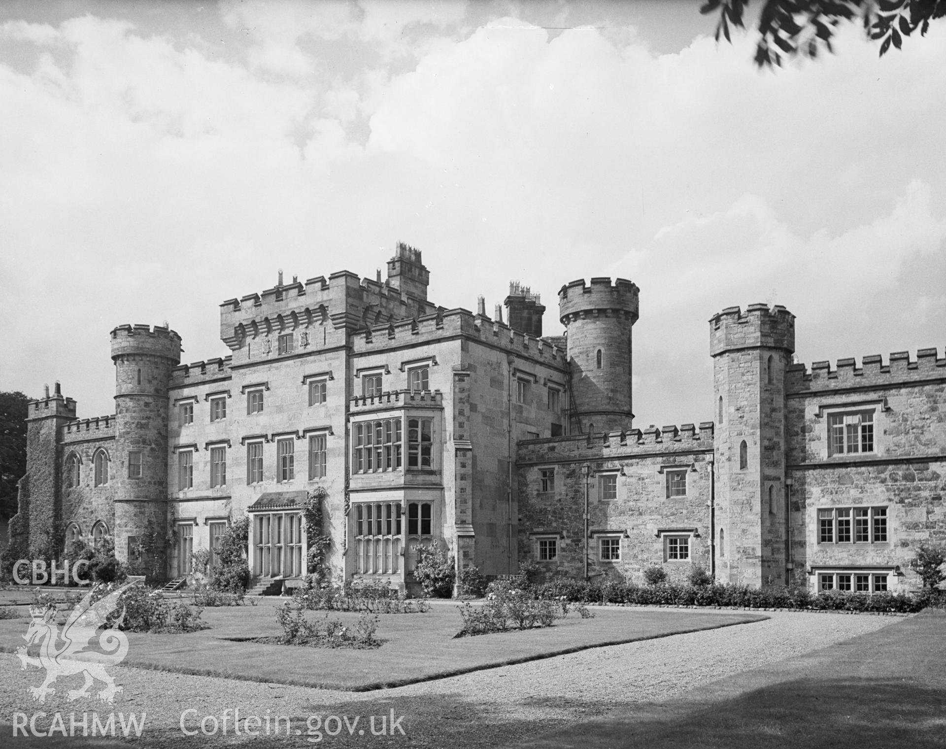 A view of Hawerden Castle from the south west. Shows the building is both 2 and 3 storeys high.