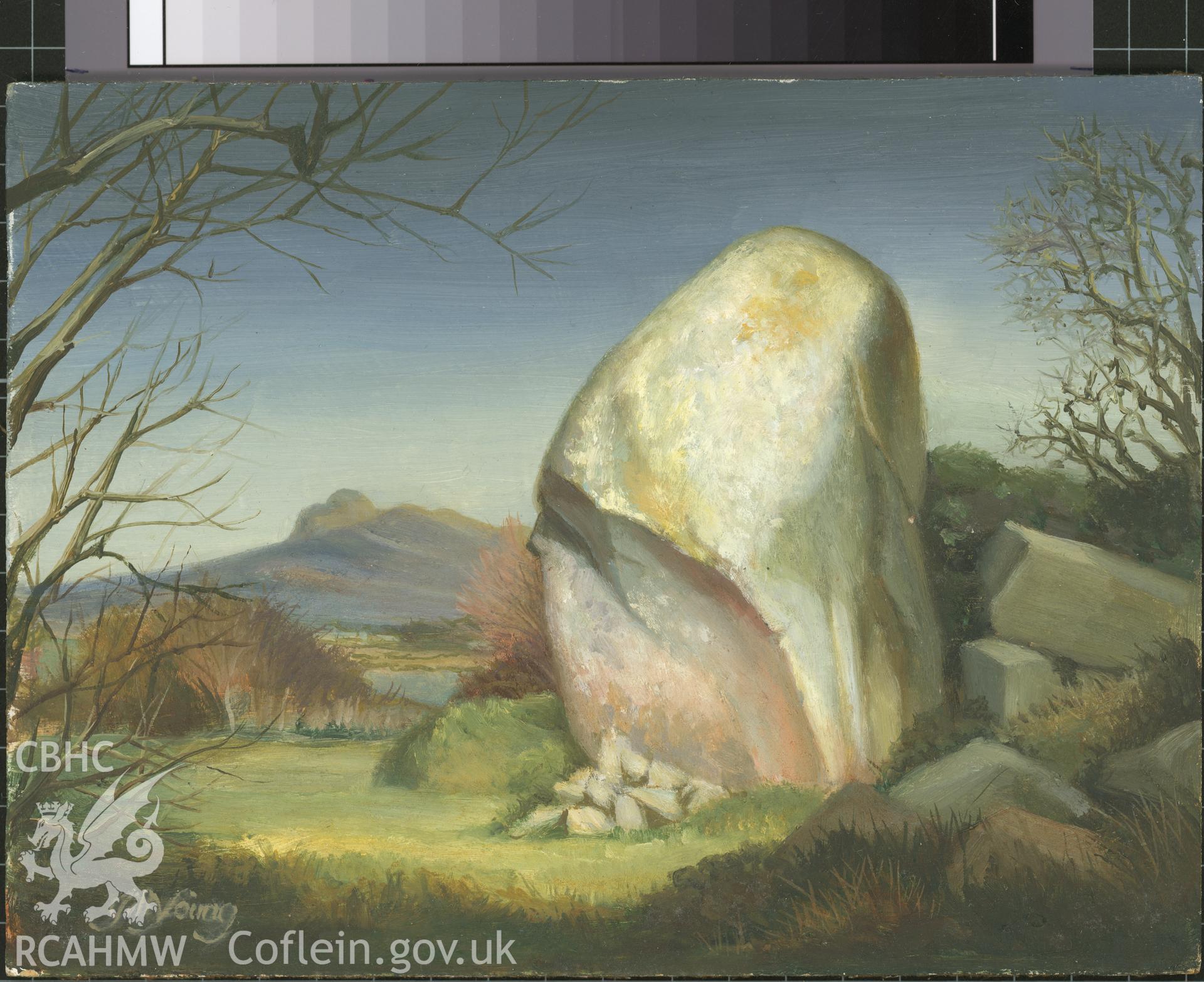 Digital copy of 5" x 8" oil painting of Maen Dewi, St Davids,  from an original painted by Mrs J.C. Young.