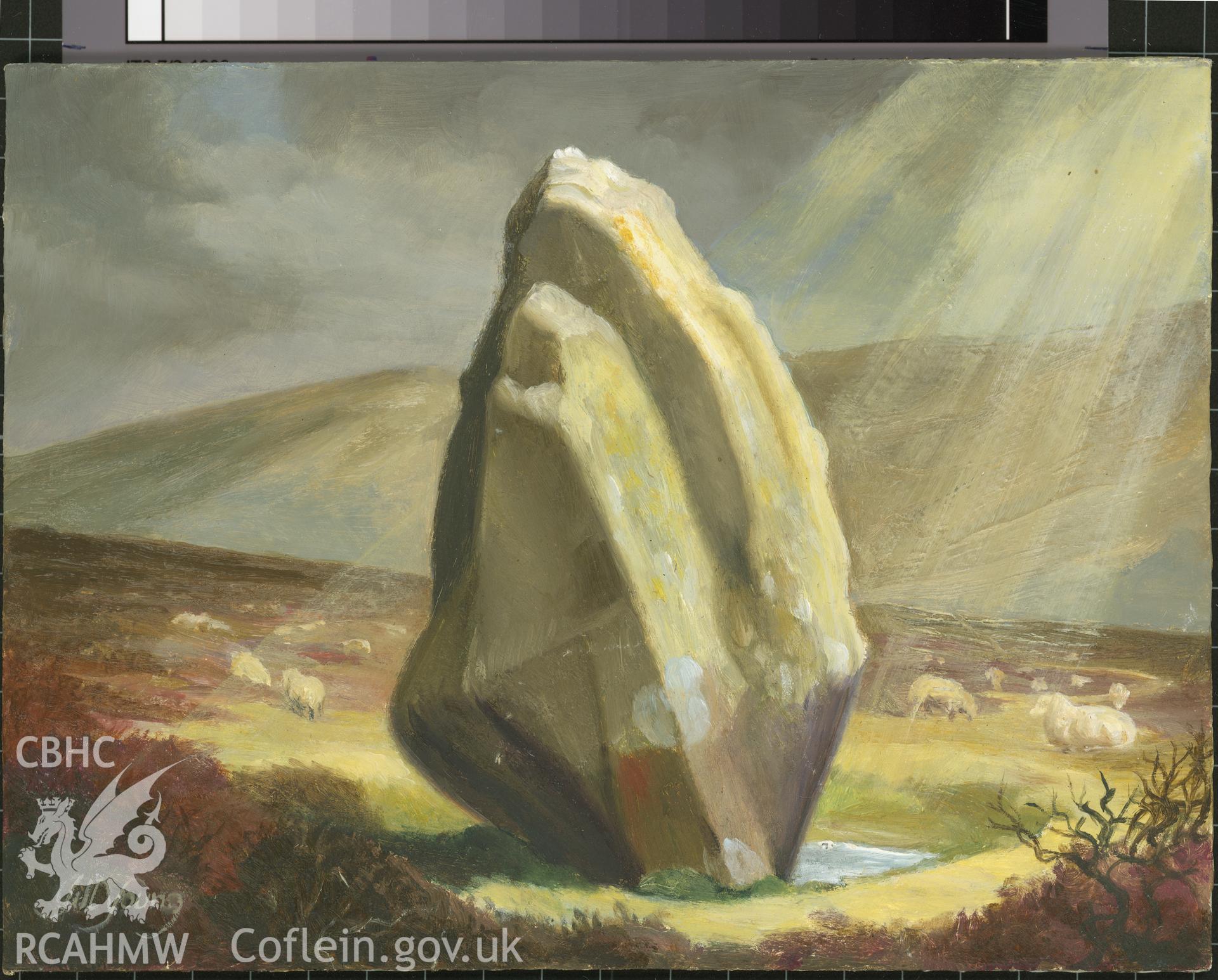Digital copy of 5" x 8" oil painting of Waun Mawn Common Stone, Nevern, from an original painted by Mrs J.C. Young.