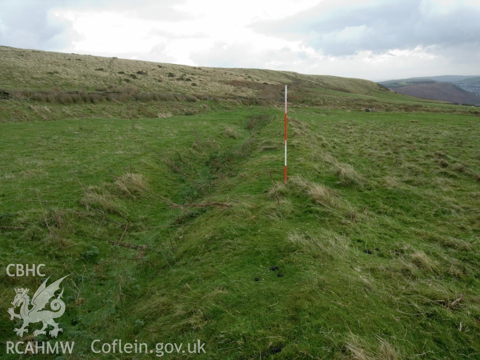 view looking E of original outer bank and ditch of Tyntyle upland fields.