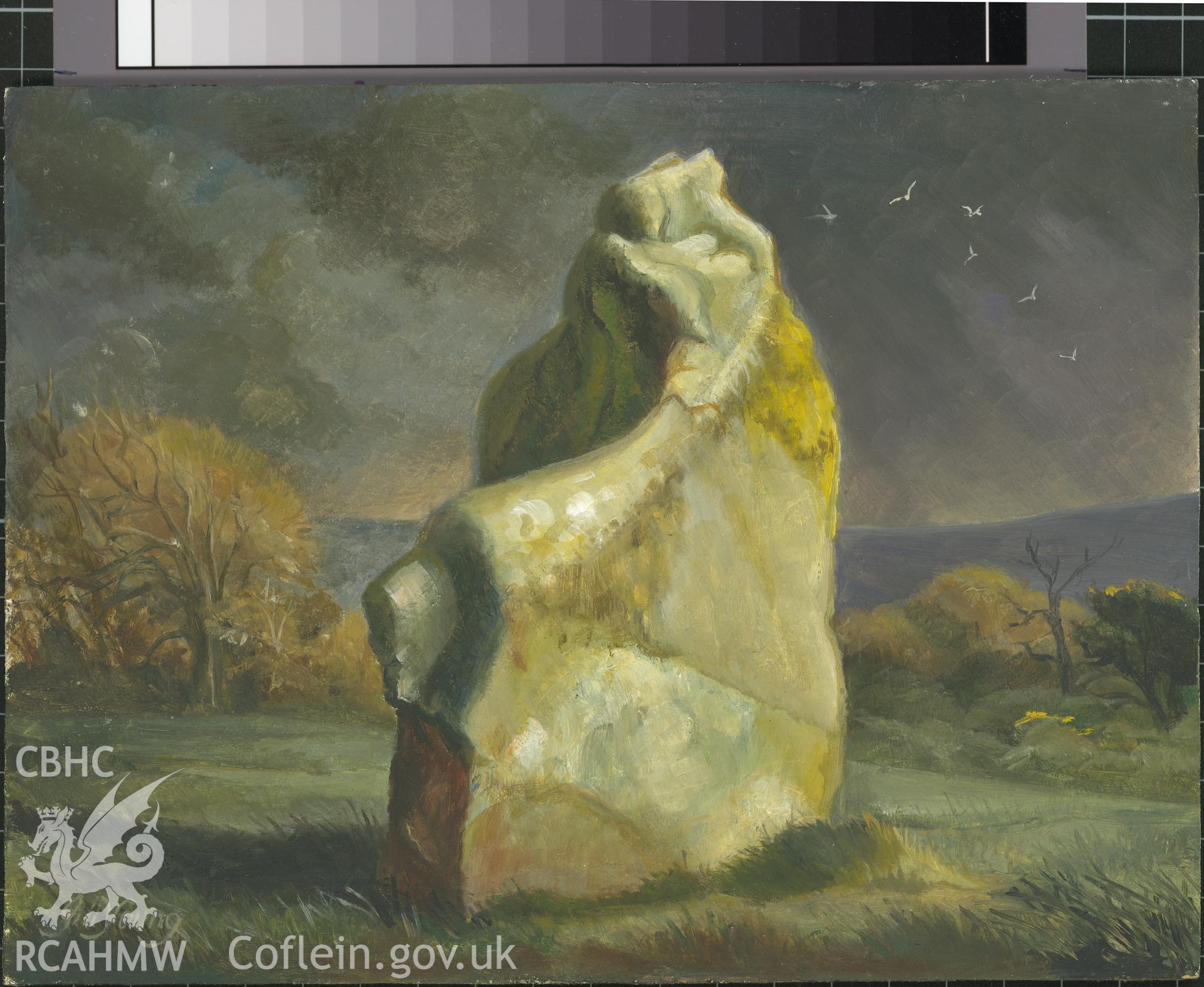 Digital copy of 5" x 8" oil painting of a standing stone, Rhyndaston, Haycastle, from an original painted by Mrs J.C. Young.
