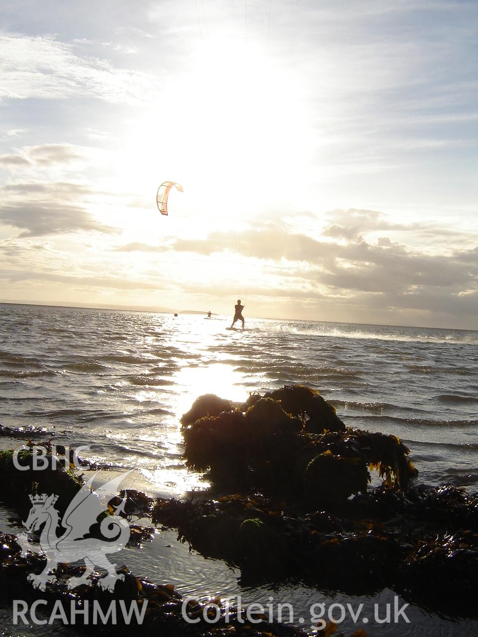 Digital photograph showing the wreck of the Flying Foam at Conwy Sands, produced by Ian Cundy, August 2012.
