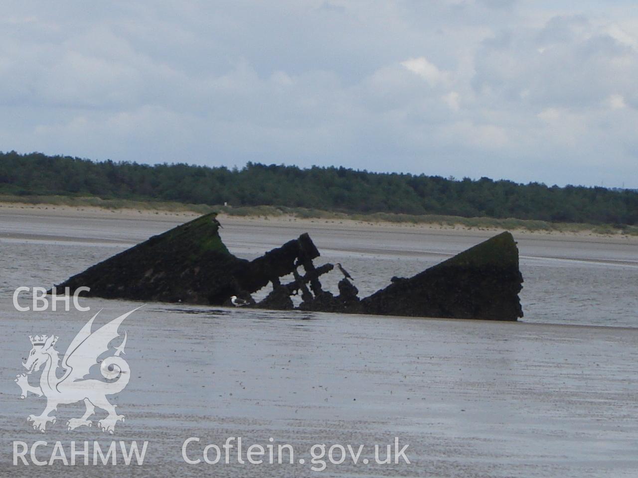 Digital photograph showing the wreck of the Teviotdale on Cefn Sidan Beach, produced by Ian Cundy, August 2010