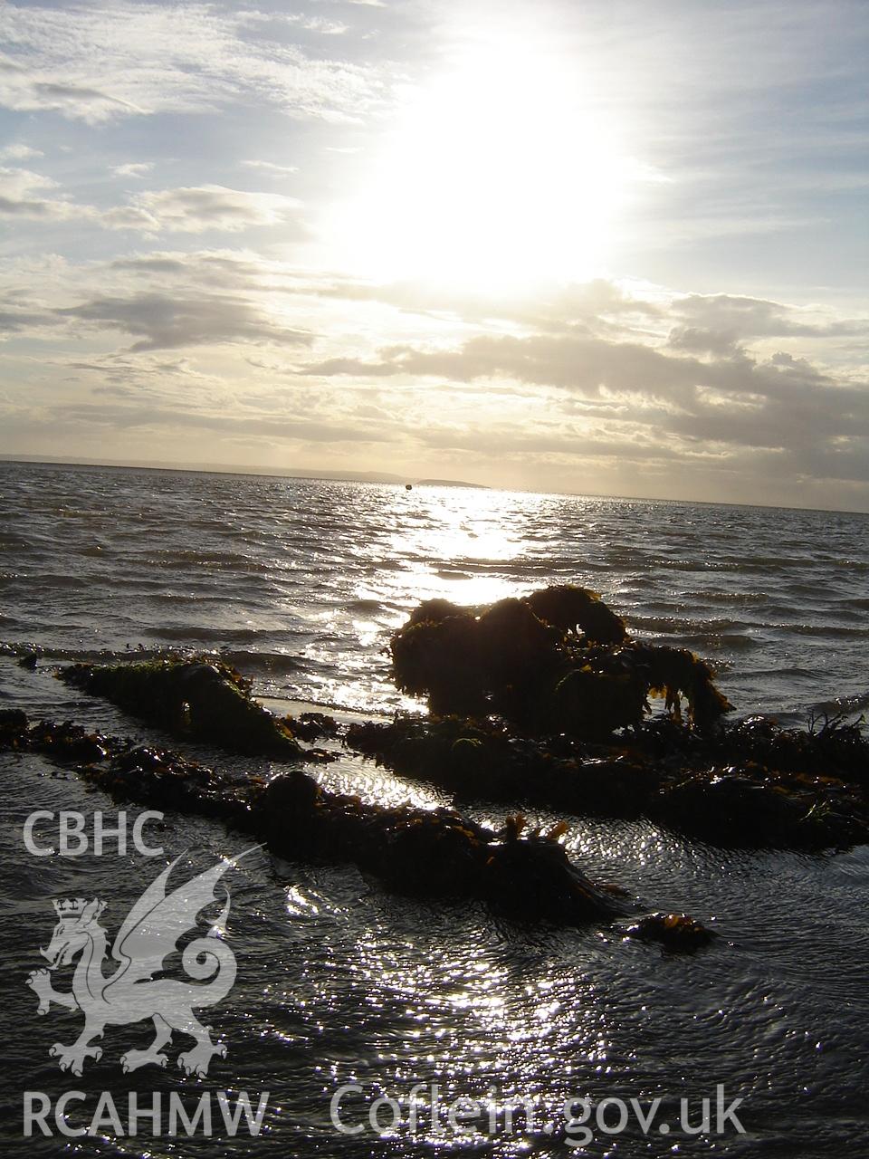 Digital photograph showing the wreck of the Flying Foam at Conwy Sands, produced by Ian Cundy, August 2012.