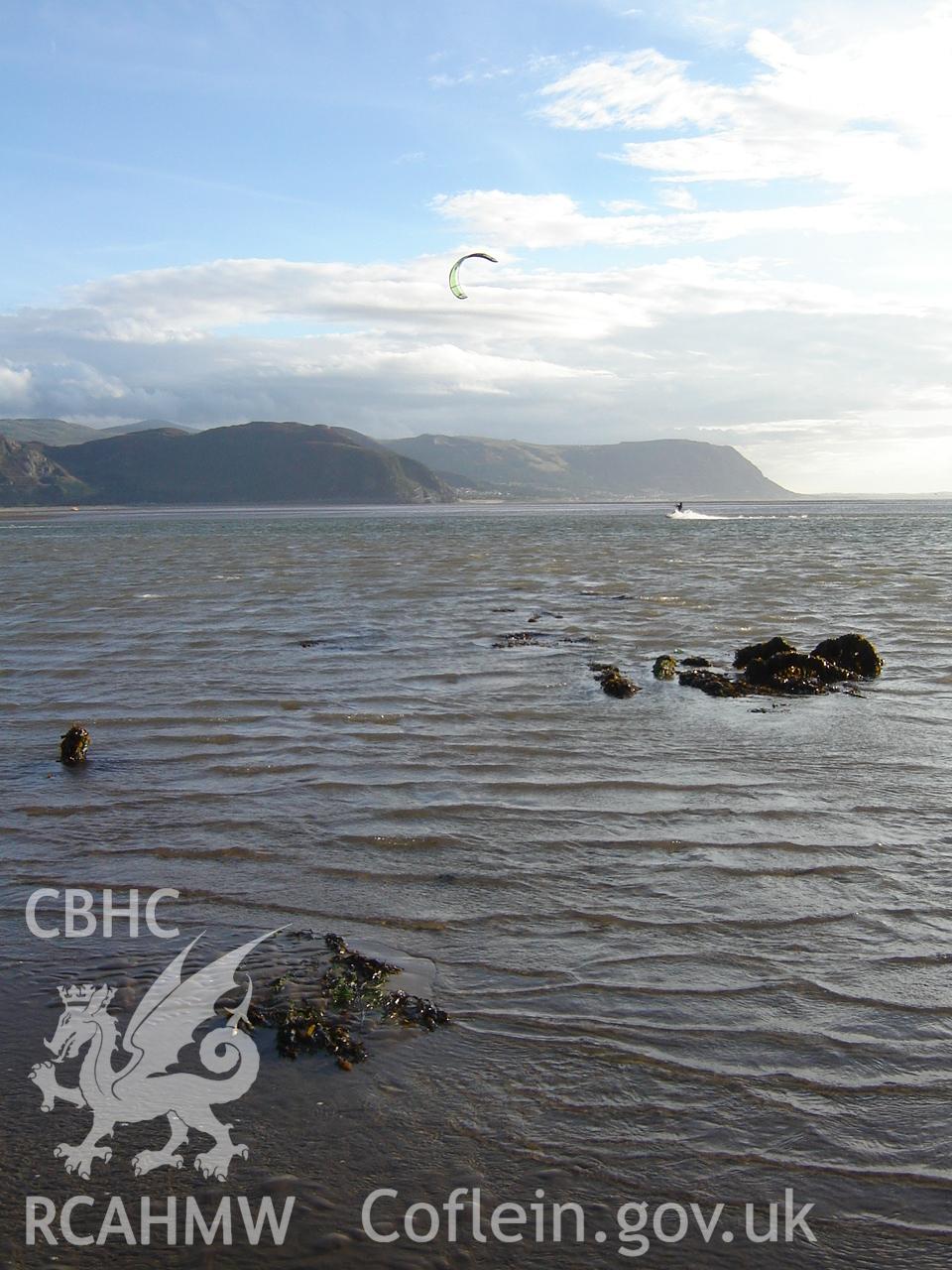 Digital photograph showing the wreck of the Flying Foam at Conwy Sands, produced by Ian Cundy, August 2012.