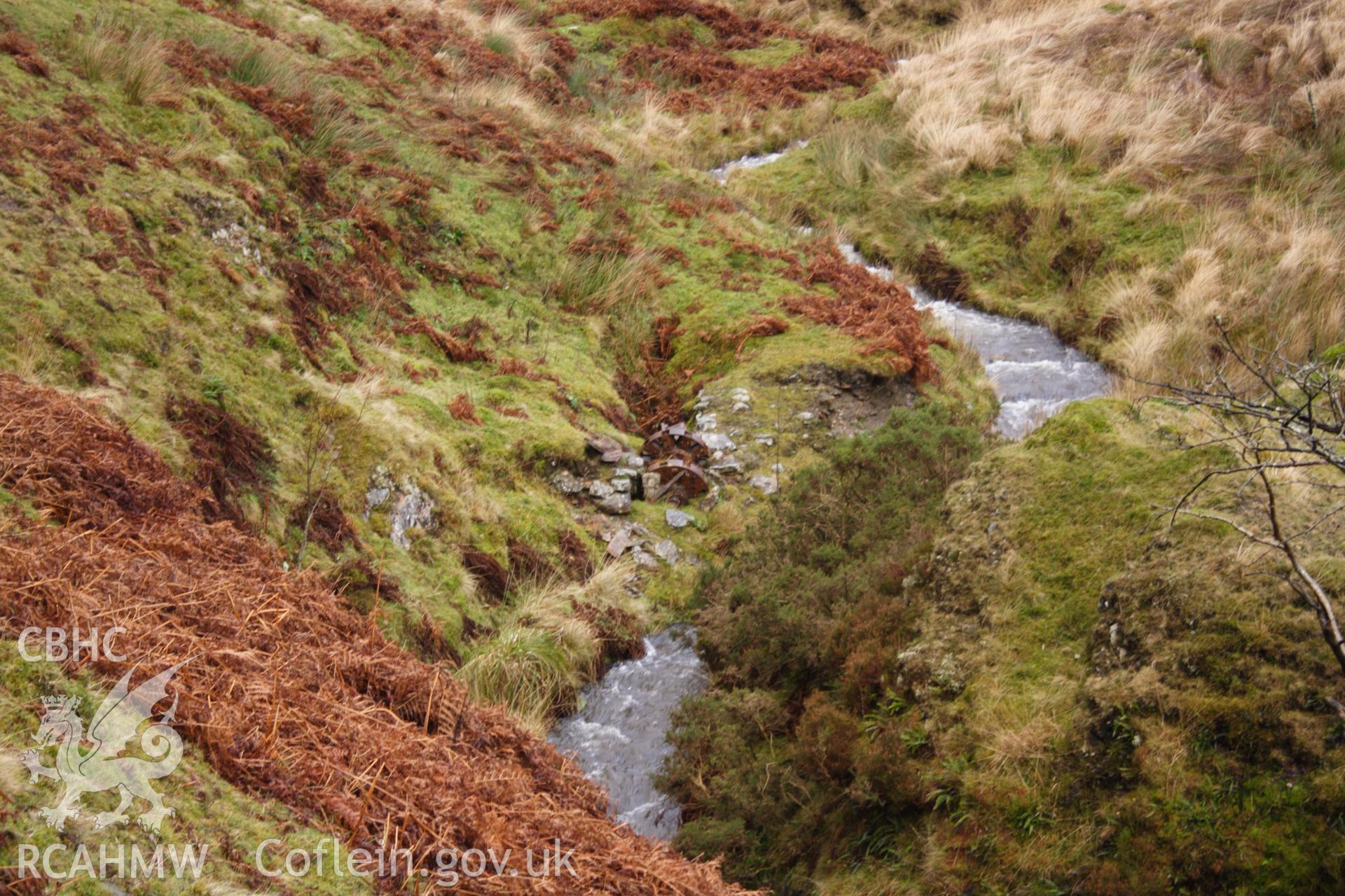 Digital colour photograph of Nant-y-Brain wheel-pit taken on 03/03/2008 by D.E. Schlee during the Llyn Brianne Upland Survey undertaken by Dyfed Archaeological Trust.