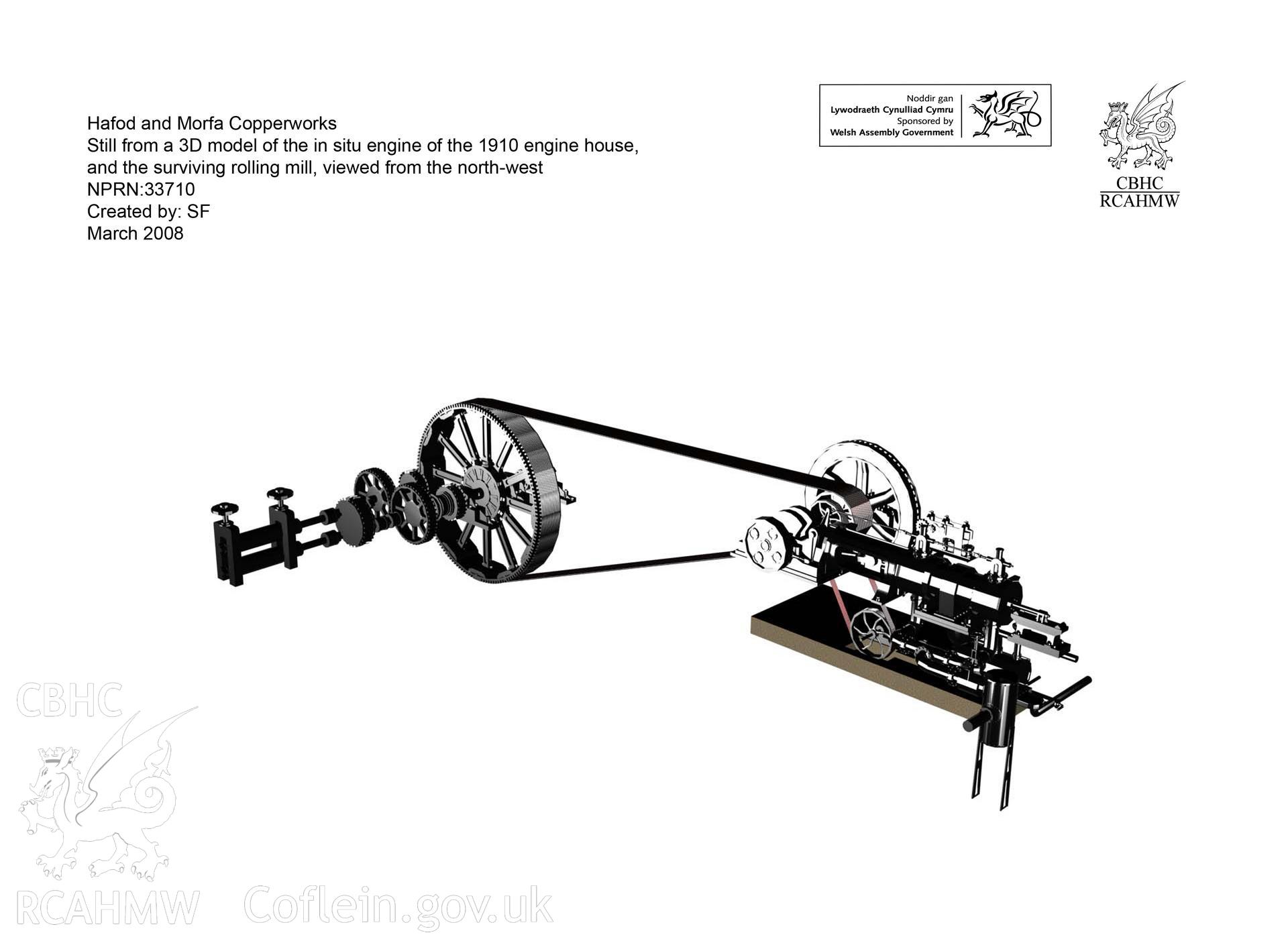 Still from the rendered 3D Studio Max model showing the in situ engine and surviving rolling mill from the north-west, from a RCAHMW survey of Hafod and Morfa Copperworks, Swansea, carried out by Susan Fielding, 03/2008.