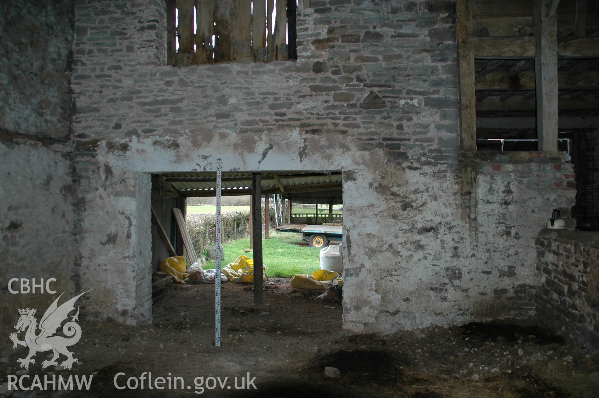Colour digital photograph showing part of the interior of the Maerdy Barn, Llandenny.