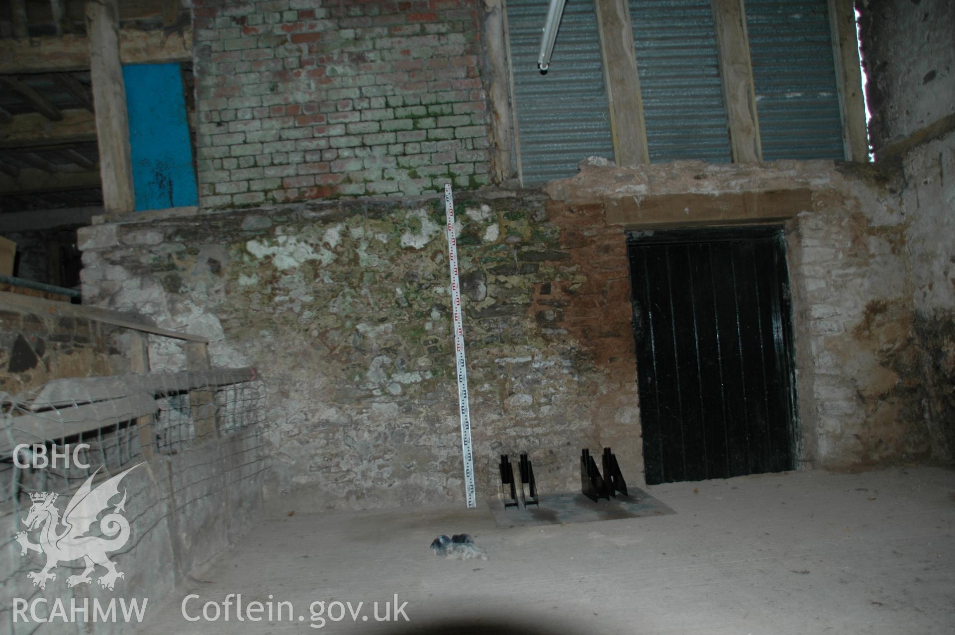Colour digital photograph showing part of the interior of the Maerdy Barn, Llandenny.