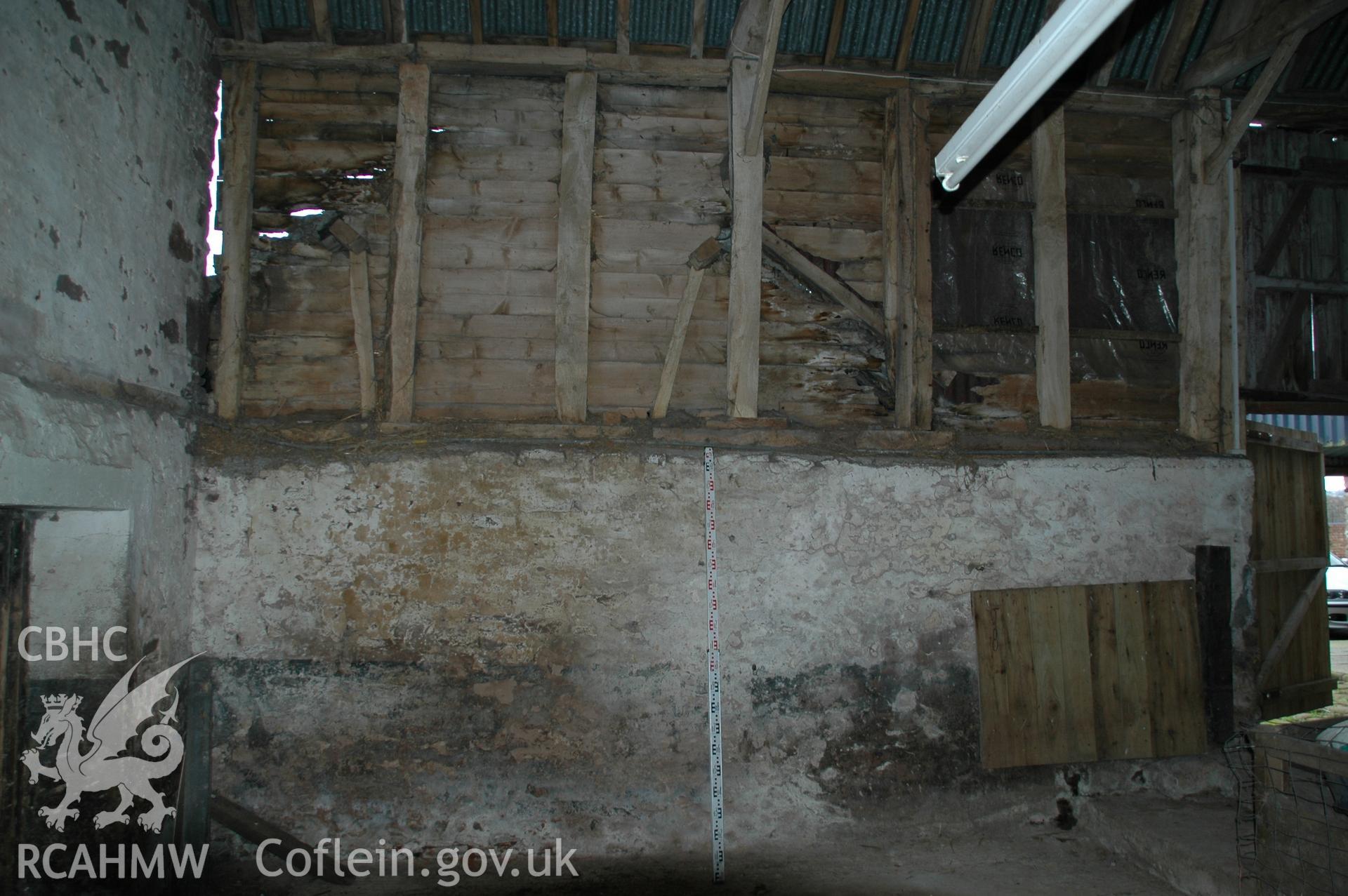 Colour digital photograph showing part of the interior of the Maerdy Barn, Llandenny.
