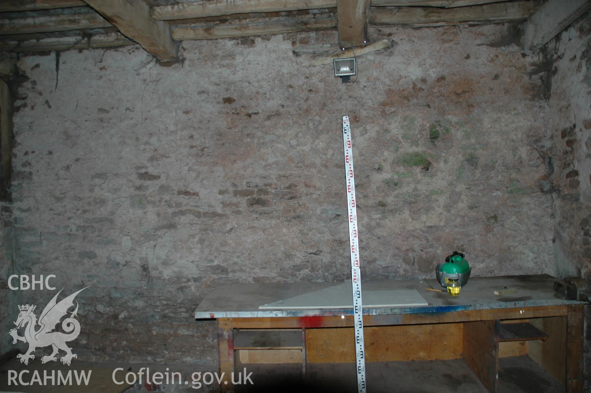 Colour digital photograph showing part of the interior of the Maerdy Barn, Llandenny.
