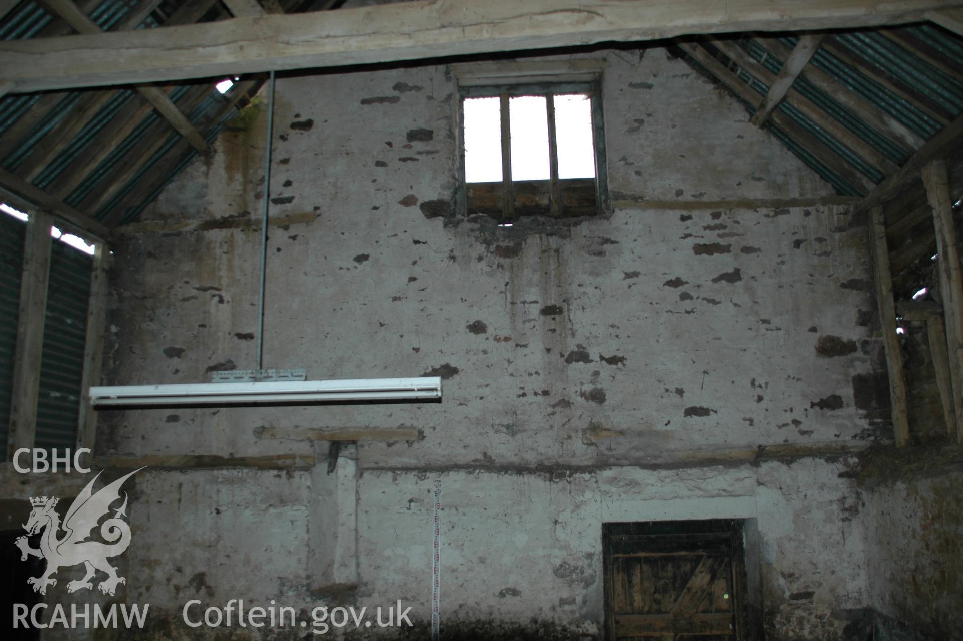 Colour digital photograph showing part of the interior of the Maerdy Barn, Llandenny.