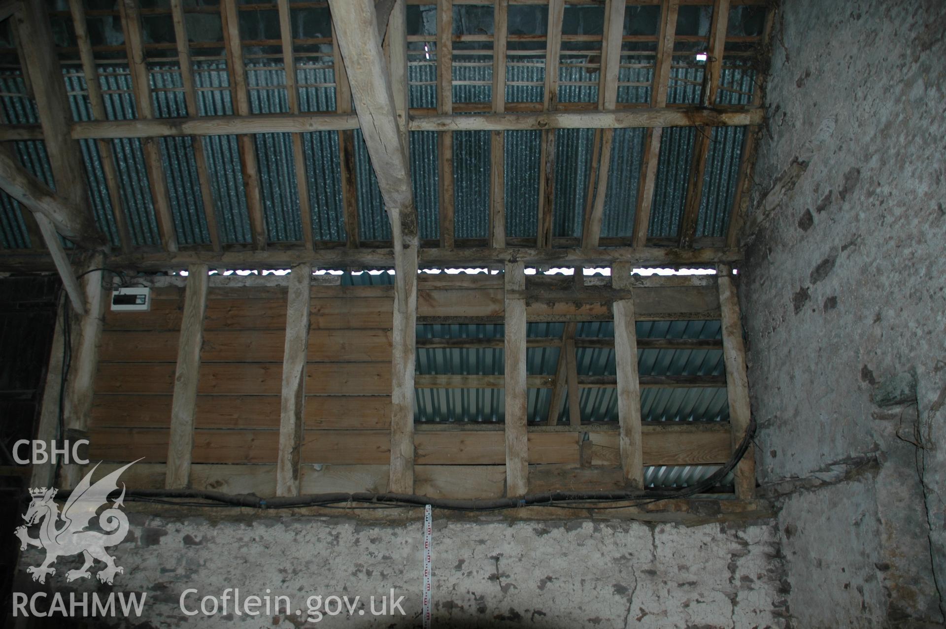 Colour digital photograph showing part of the interior of the Maerdy Barn, Llandenny.
