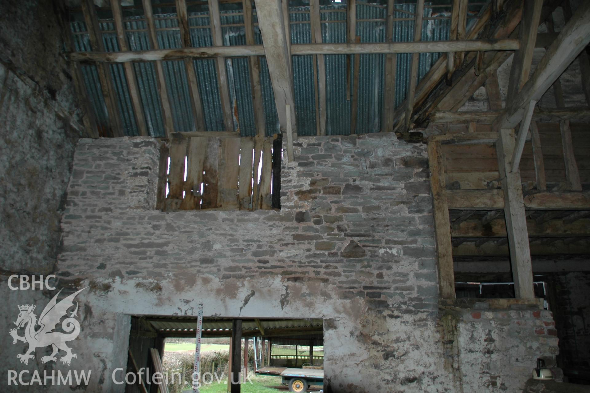 Colour digital photograph showing part of the interior of the Maerdy Barn, Llandenny.