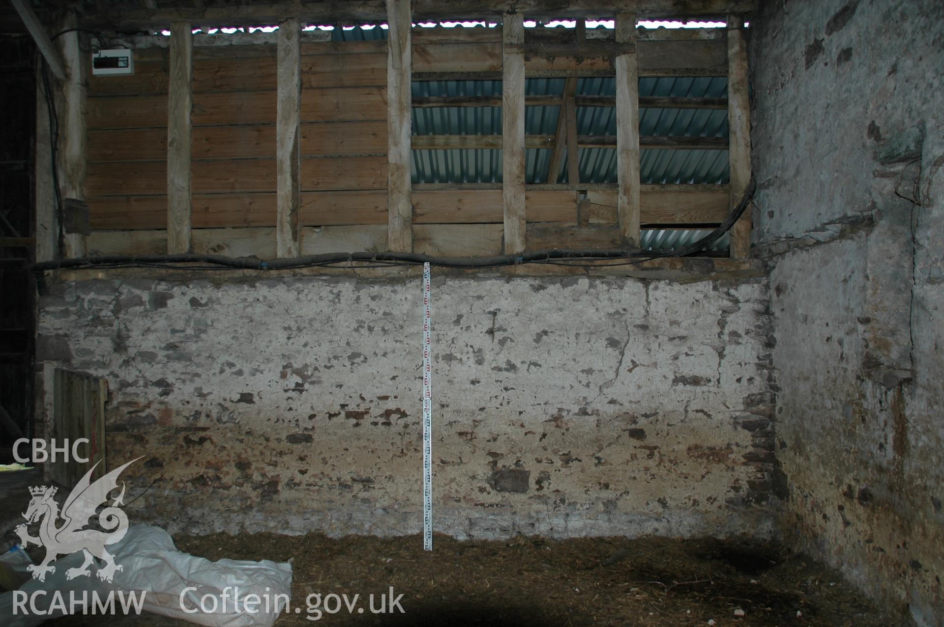 Colour digital photograph showing part of the interior of the Maerdy Barn, Llandenny.