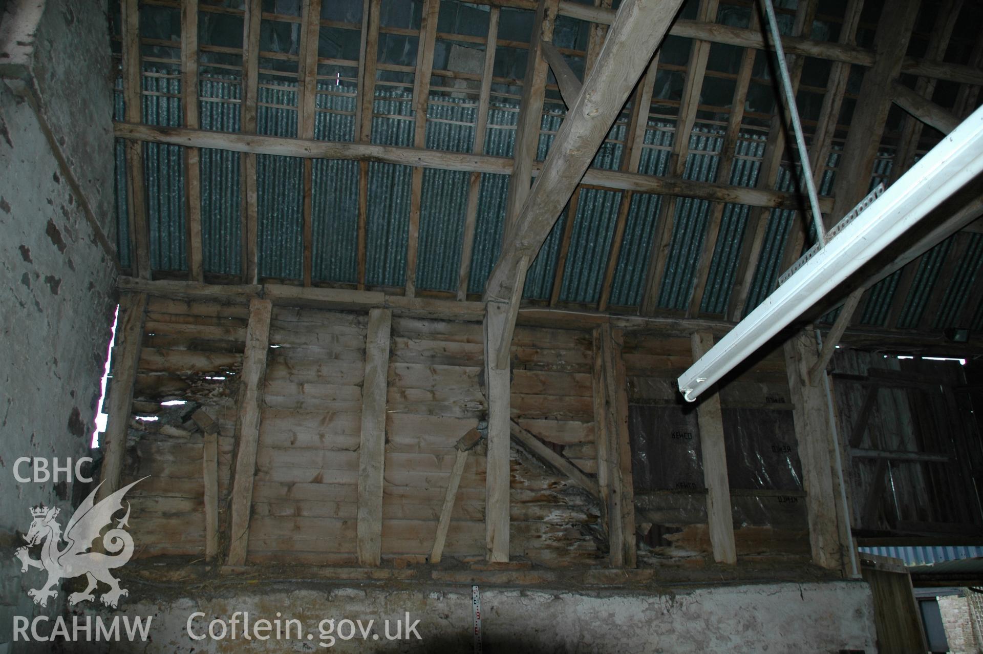 Colour digital photograph showing part of the interior of the Maerdy Barn, Llandenny.