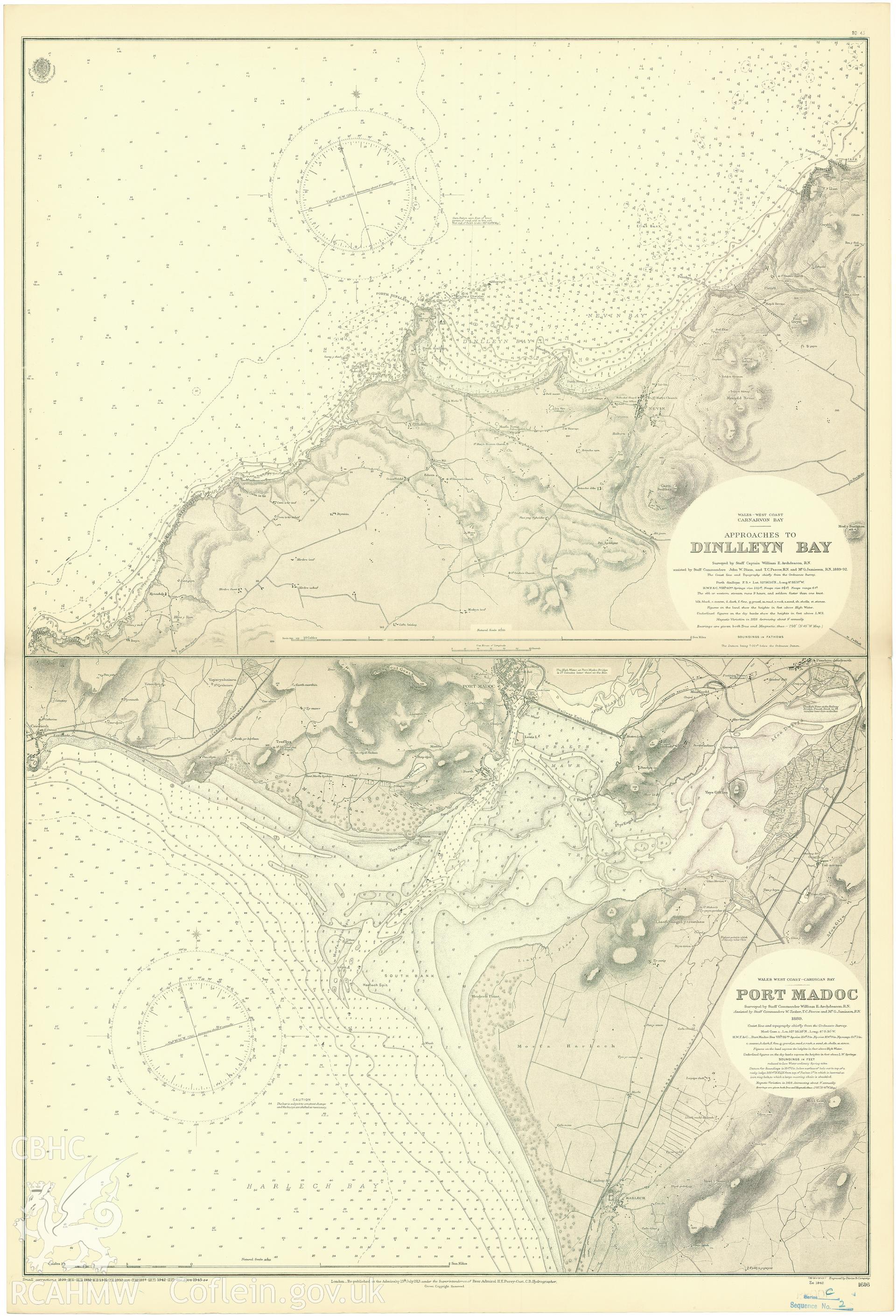Scanned original image of an Admiralty chart showing the approaches to Dinlleyn Bay and Port Madoc. Surveyed by staff captain William E. Archdeacon. Original Hydrographic Office reference number was OCB1616-C2.