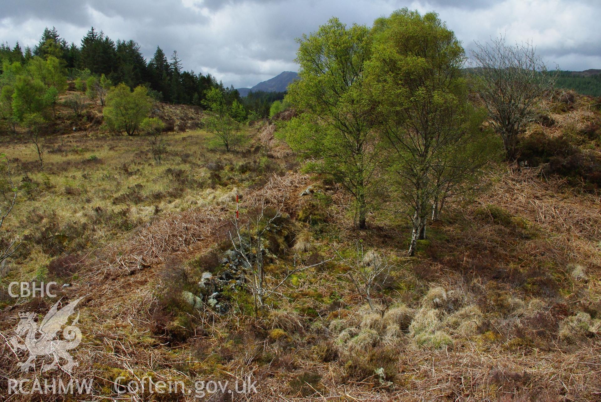 Dam, Bodgynydd Lead Mine, from NE. Scale 1m (Hopewell, D, 23/05/2013)