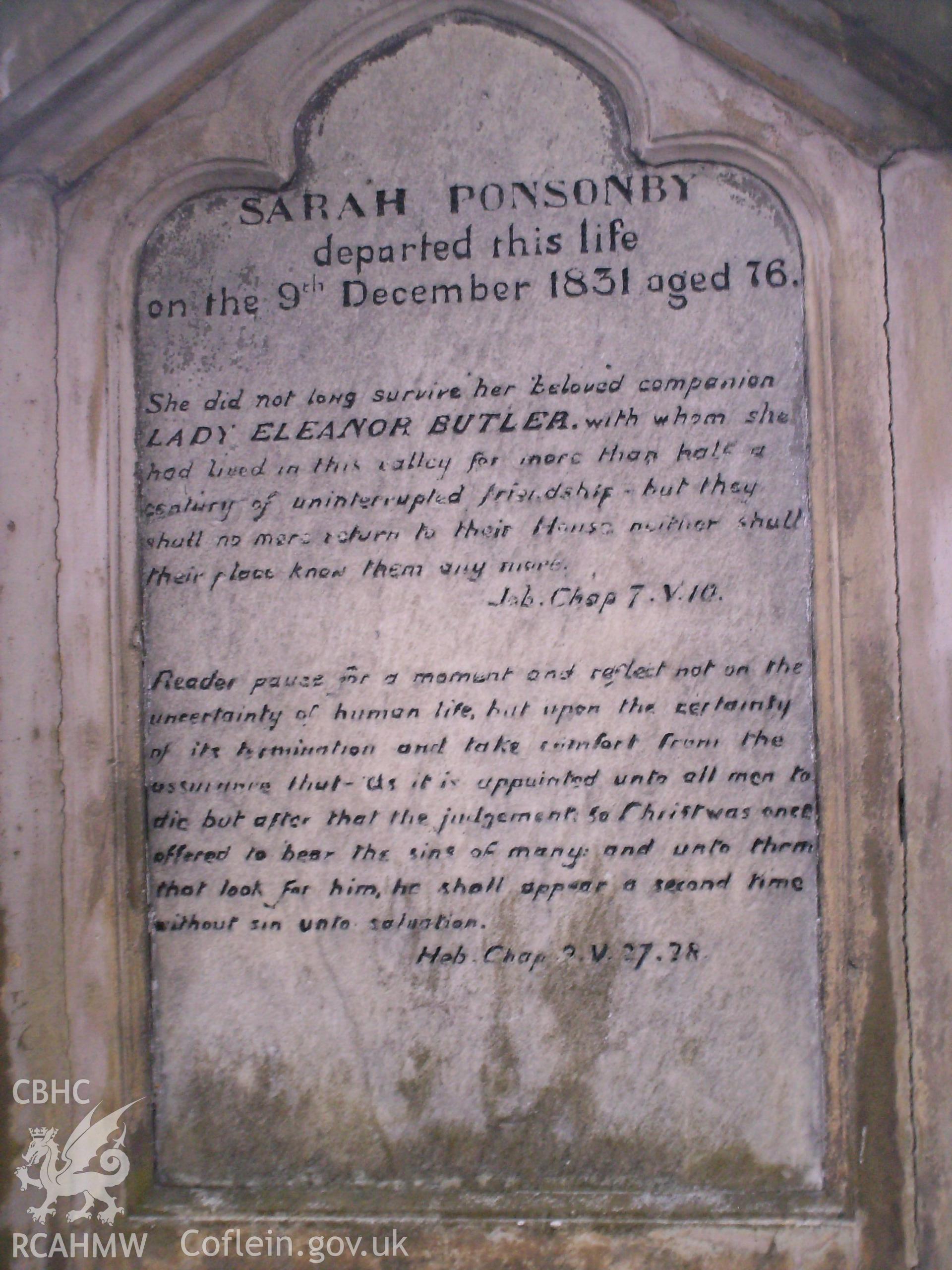 Digital image showing the original memorial plaque to Sarah Ponsonby (now in Llangollen Museum).